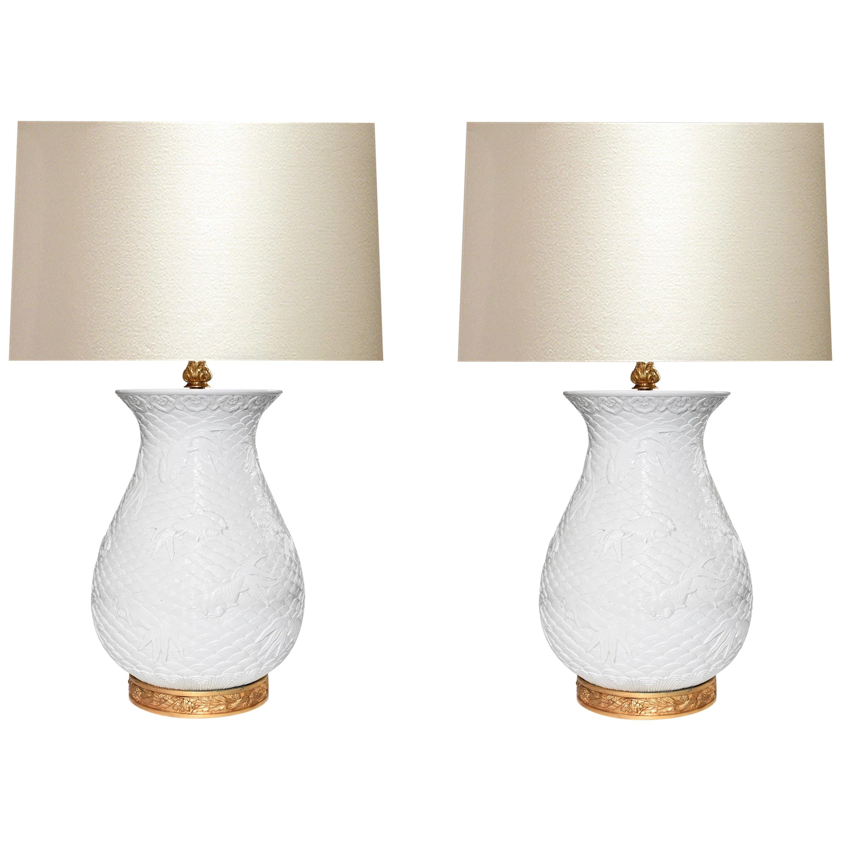 Finely Carved White Porcelain Lamps For Sale