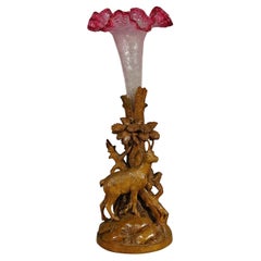 Antique Finely Carved Wood Chamois with Glass Vase, Brienz, circa 1900