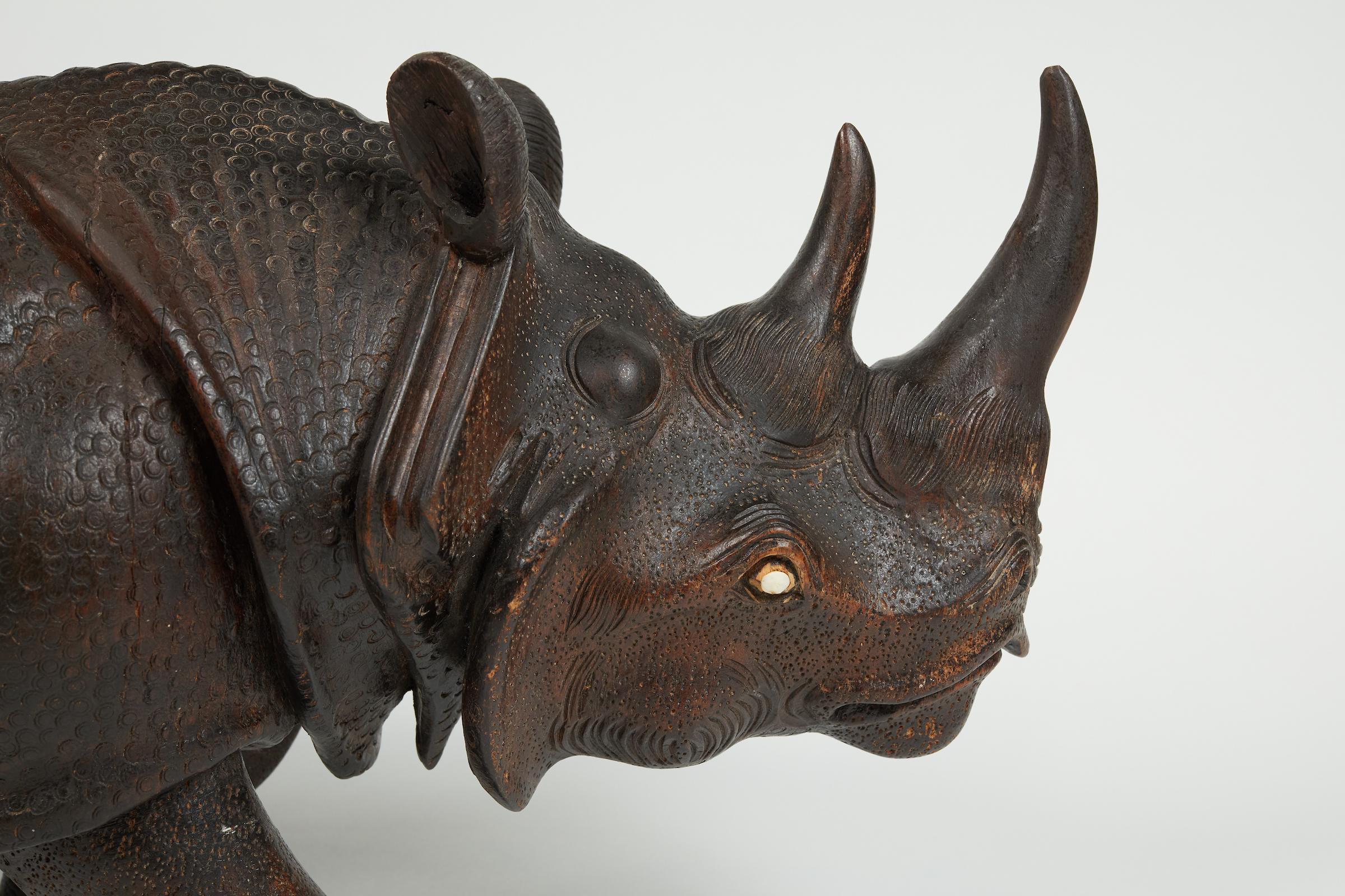 Finely Carved Wood Indian Rhino Sculpture In Excellent Condition In Montreal, QC