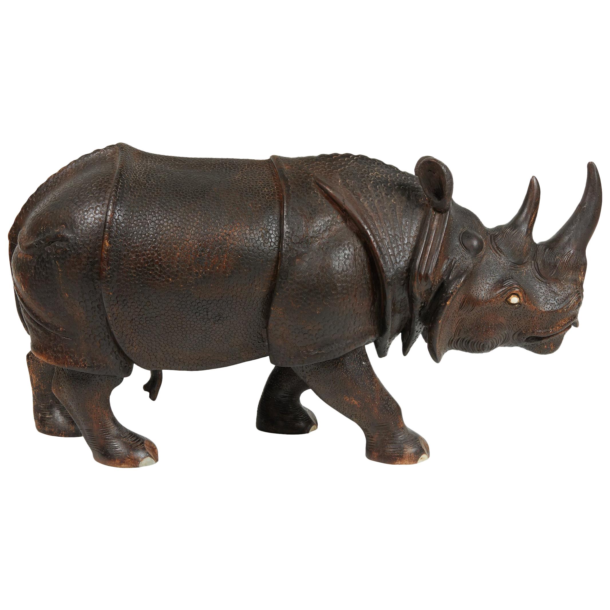 Finely Carved Wood Indian Rhino Sculpture