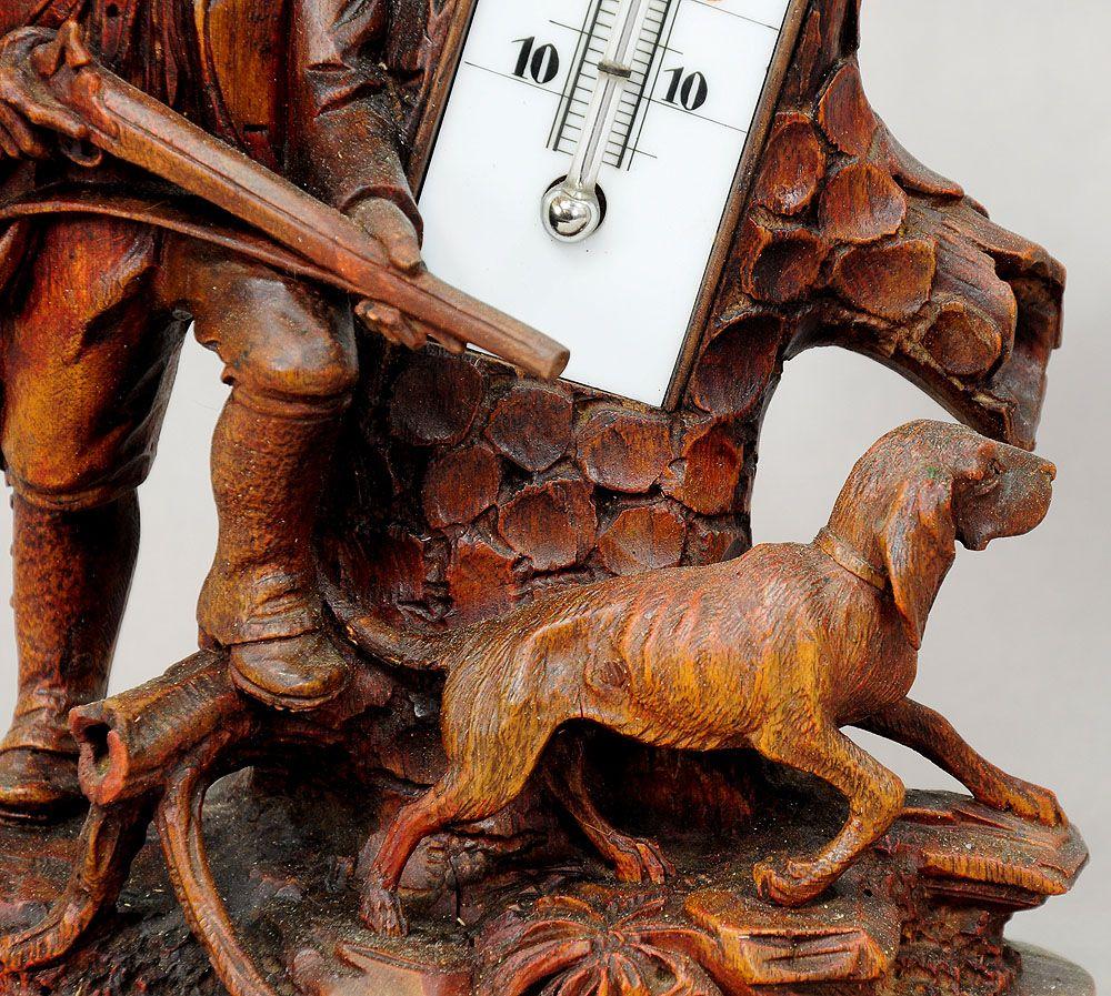 Black Forest Finely Carved Wood Thermometer Stand Hunter and Staghound, 1910 For Sale