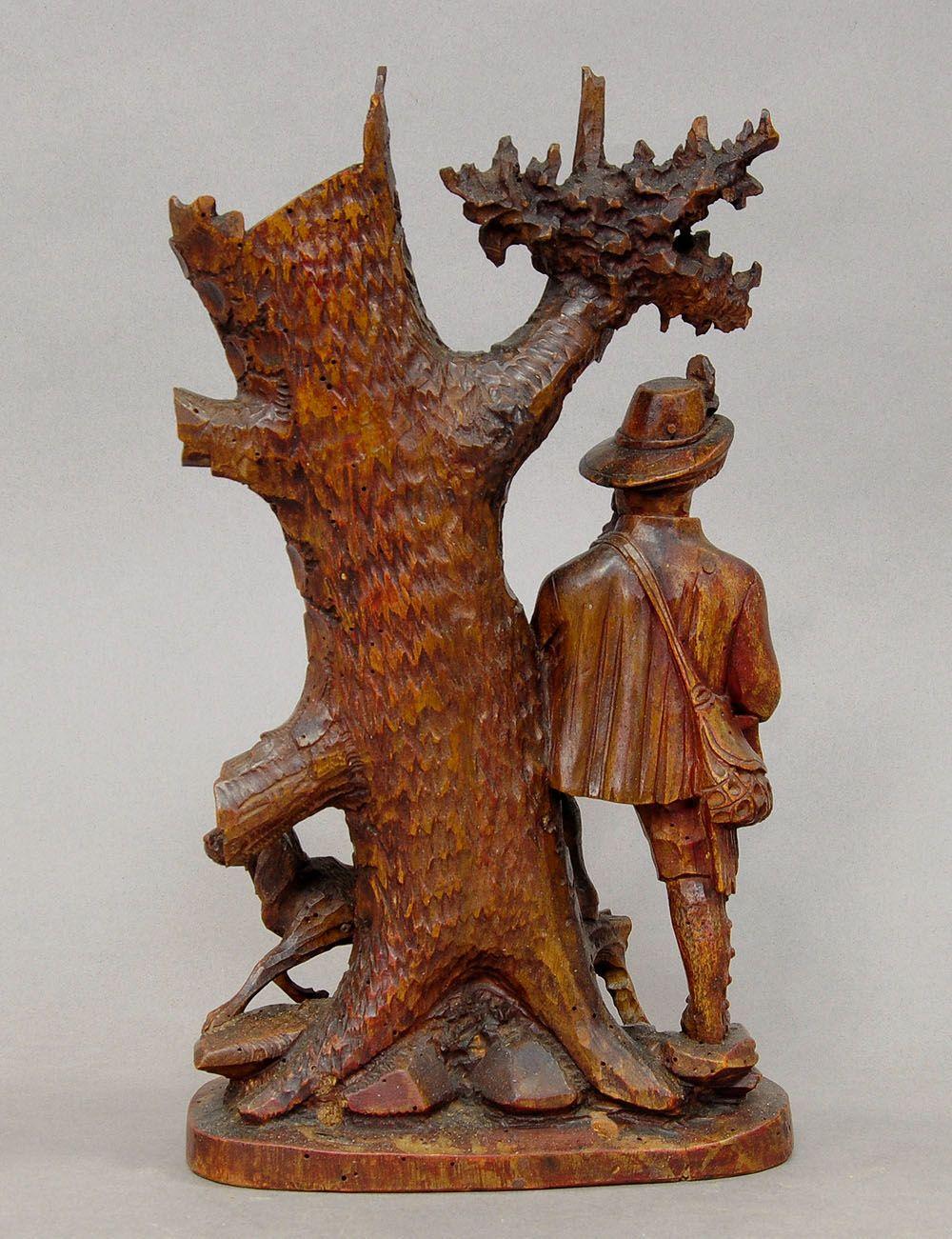 Austrian Finely Carved Wood Thermometer Stand Hunter and Staghound, 1910 For Sale