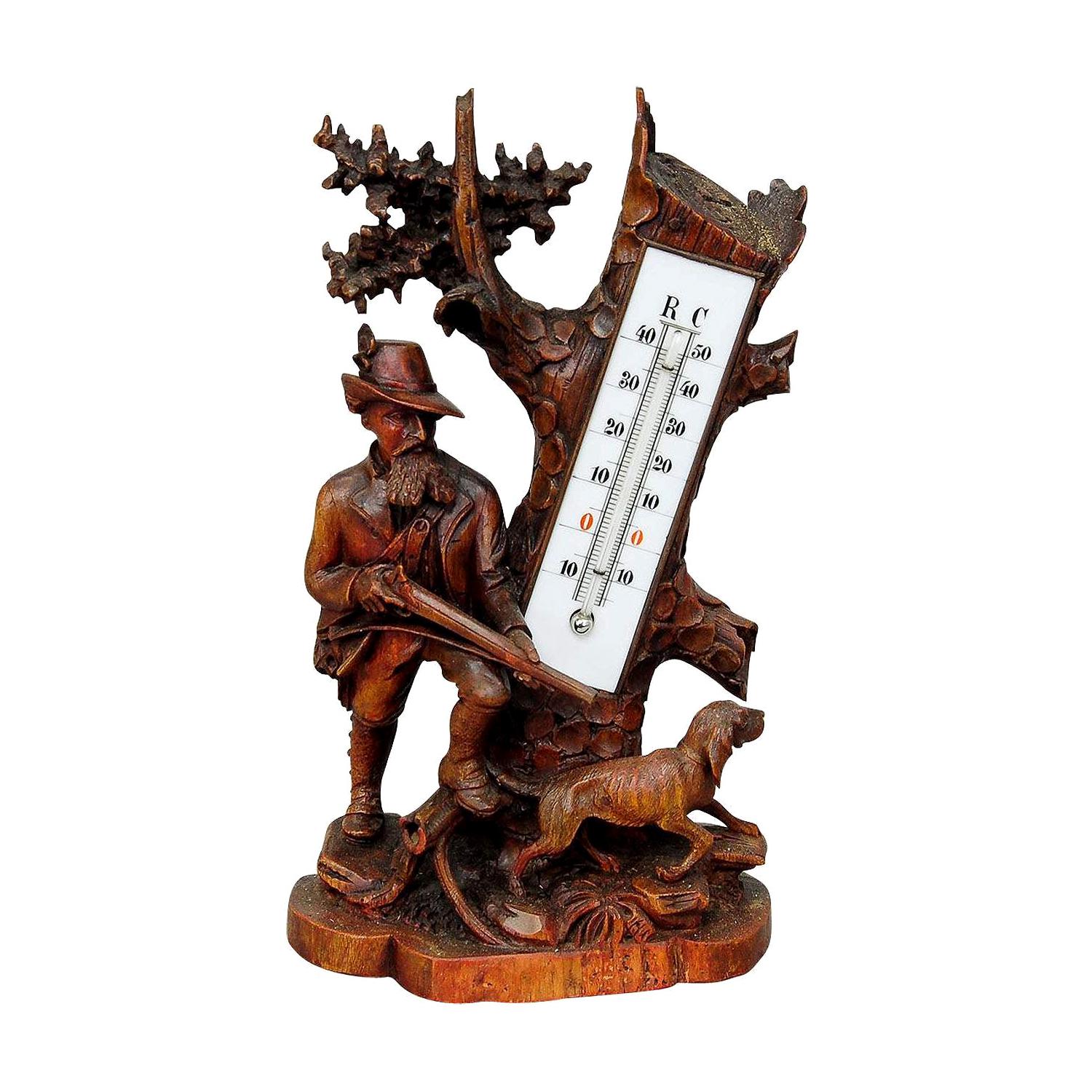 Finely Carved Wood Thermometer Stand Hunter and Staghound, 1910 For Sale