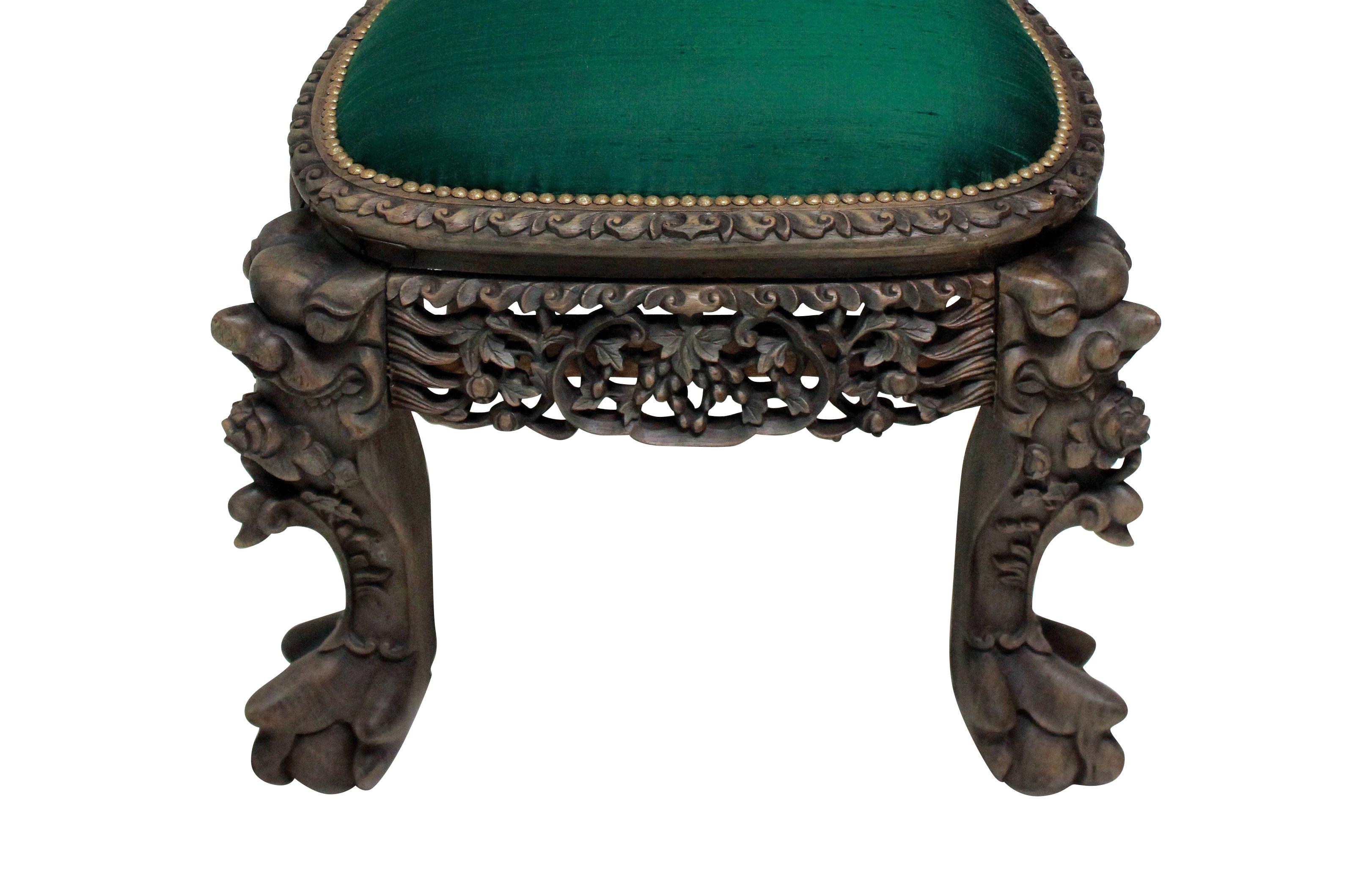 Hardwood Finely Carved 19th Century Chinese Chair in Emerald Silk