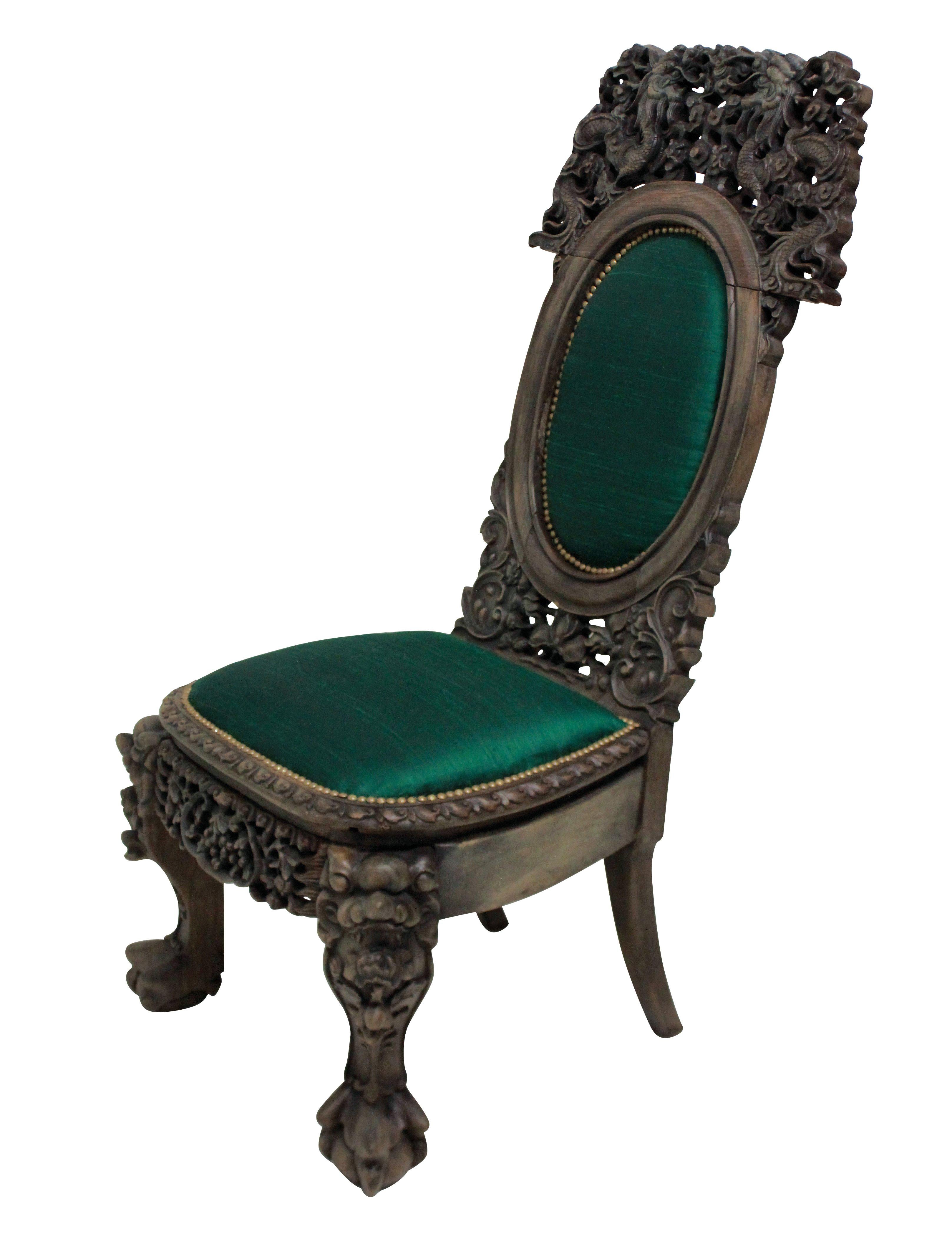 Finely Carved 19th Century Chinese Chair in Emerald Silk 1