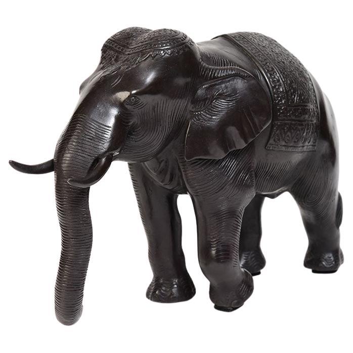Finely Cast Asian Bronze Royal Walking Elephant Animal Statue