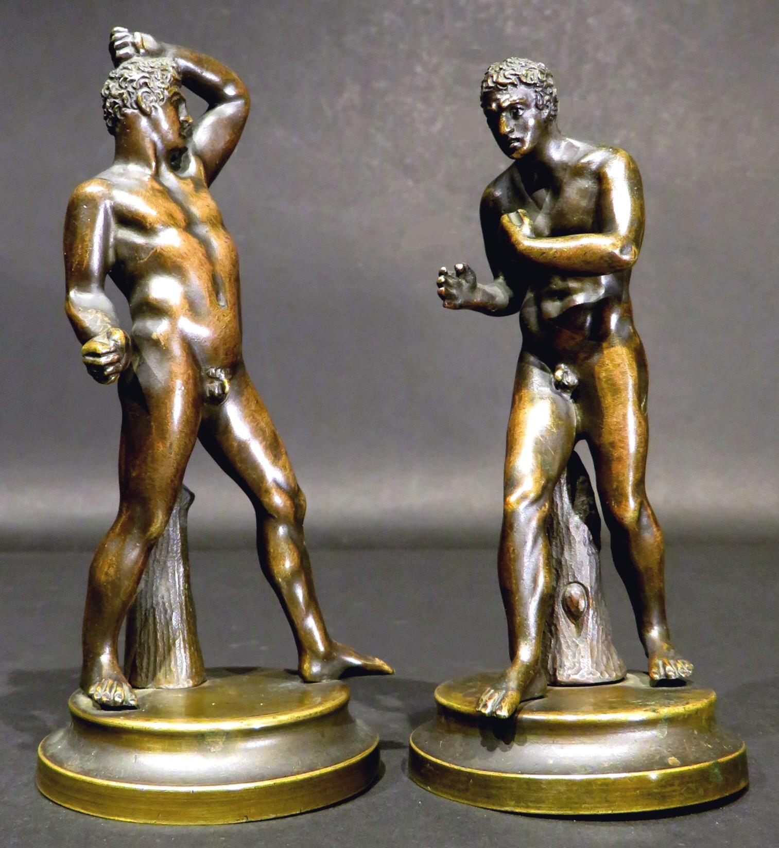 These diminutive classical bronze figures of the mythological boxers Creugas of Durres & Damoxenos of Syracuse, are after the original marble sculptures executed by Antonio Canova (1757-1822), and subsequently purchased by Pope Pius VII in 1802.