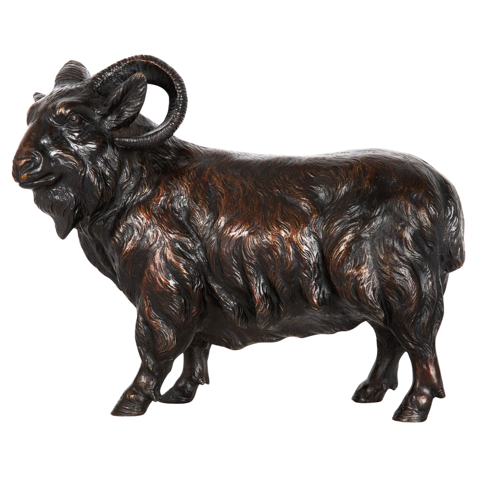 Finely Chiseled Japanese Bronze Okimono Sculpture of Standing Ram Sheep For Sale