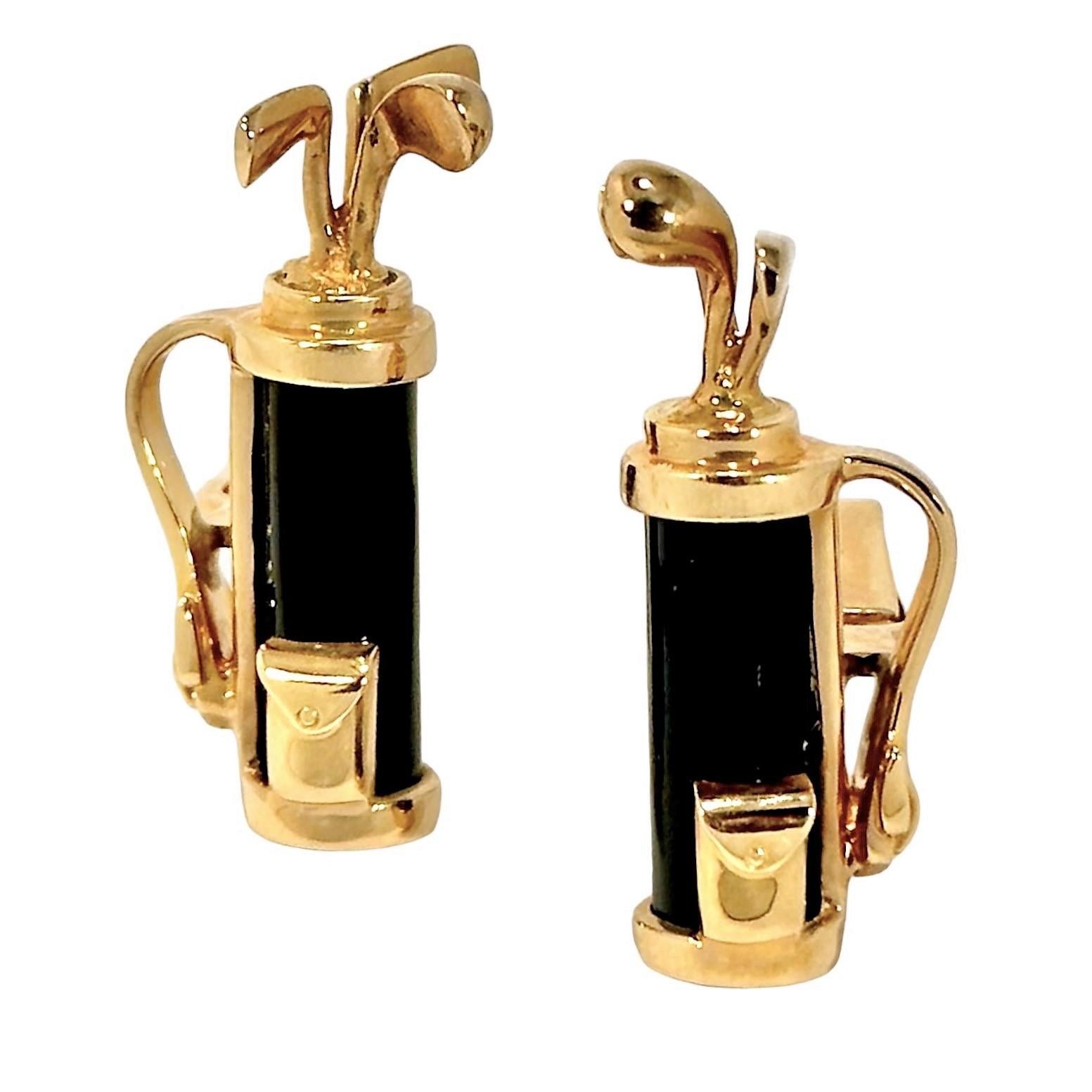 This somewhat whimsical and well crafted four button stud set is the perfect accessory for any golf enthusiast. Precision crafted in 14k yellow gold and high polished cylinders of black onyx, this set is will surely intrigue and delight. A