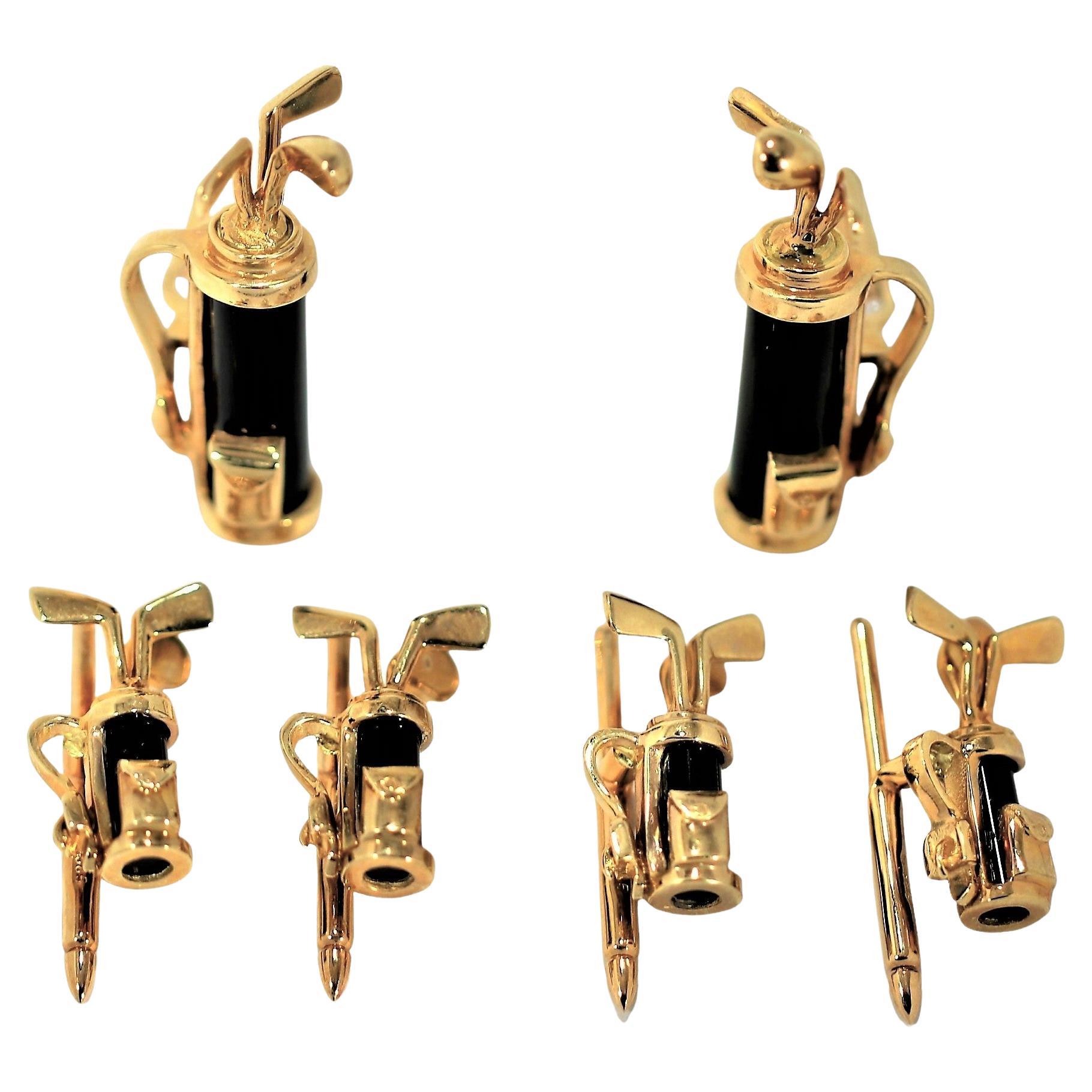 Finely Crafted 14k Yellow Gold and Onyx Golf Bag Formal Dress Set With 4 Buttons