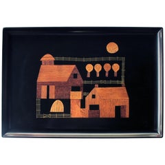 Finely Crafted and Hand-Inlaid American Midcentury Black Resin Tray by Couroc