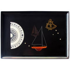 Finely Crafted and Hand-Inlaid American Midcentury Black Resin Tray by Couroc