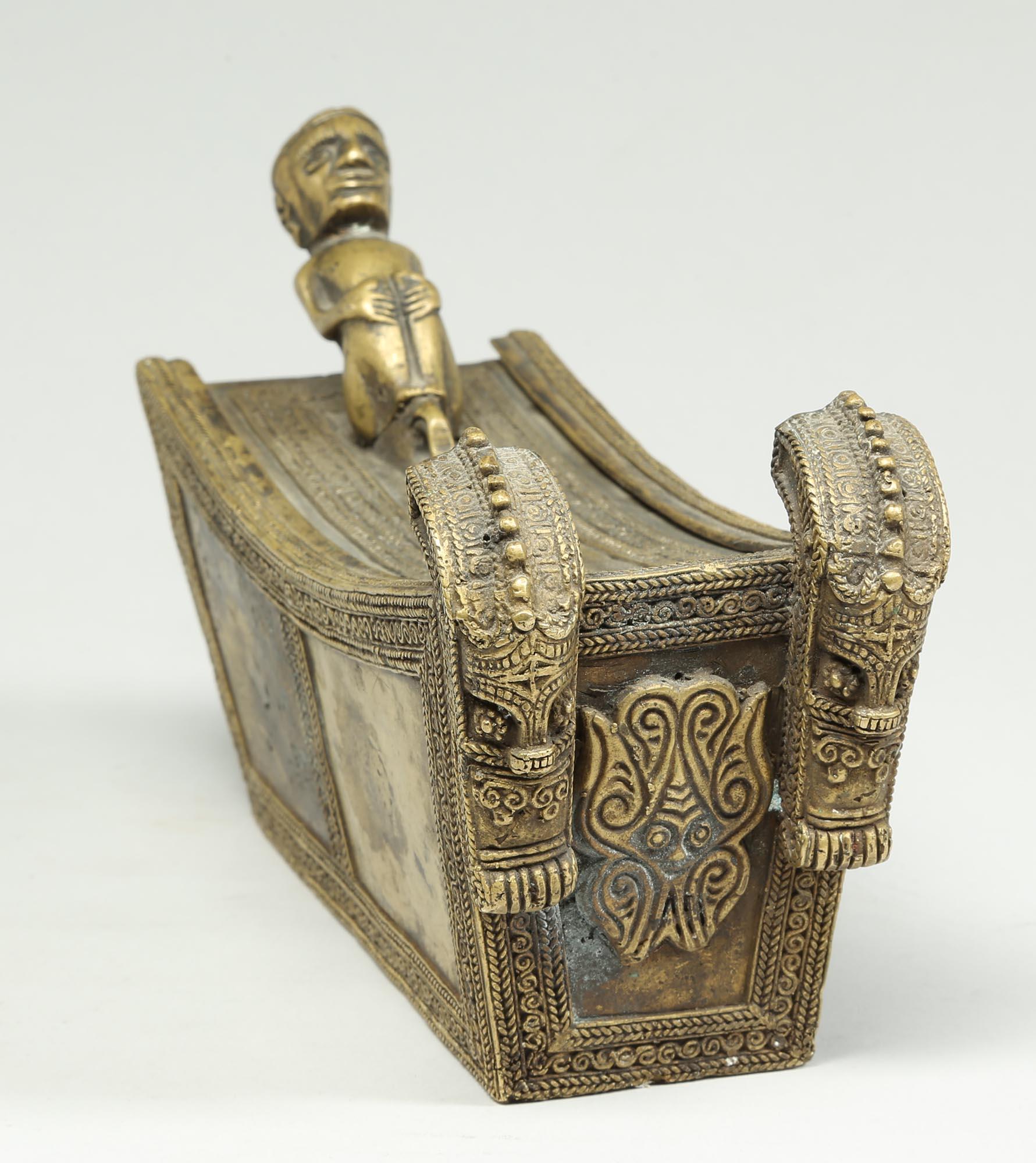 Tribal Finely Crafted Small Batak Bronze Box with Full Figure and Singas, Indonesia