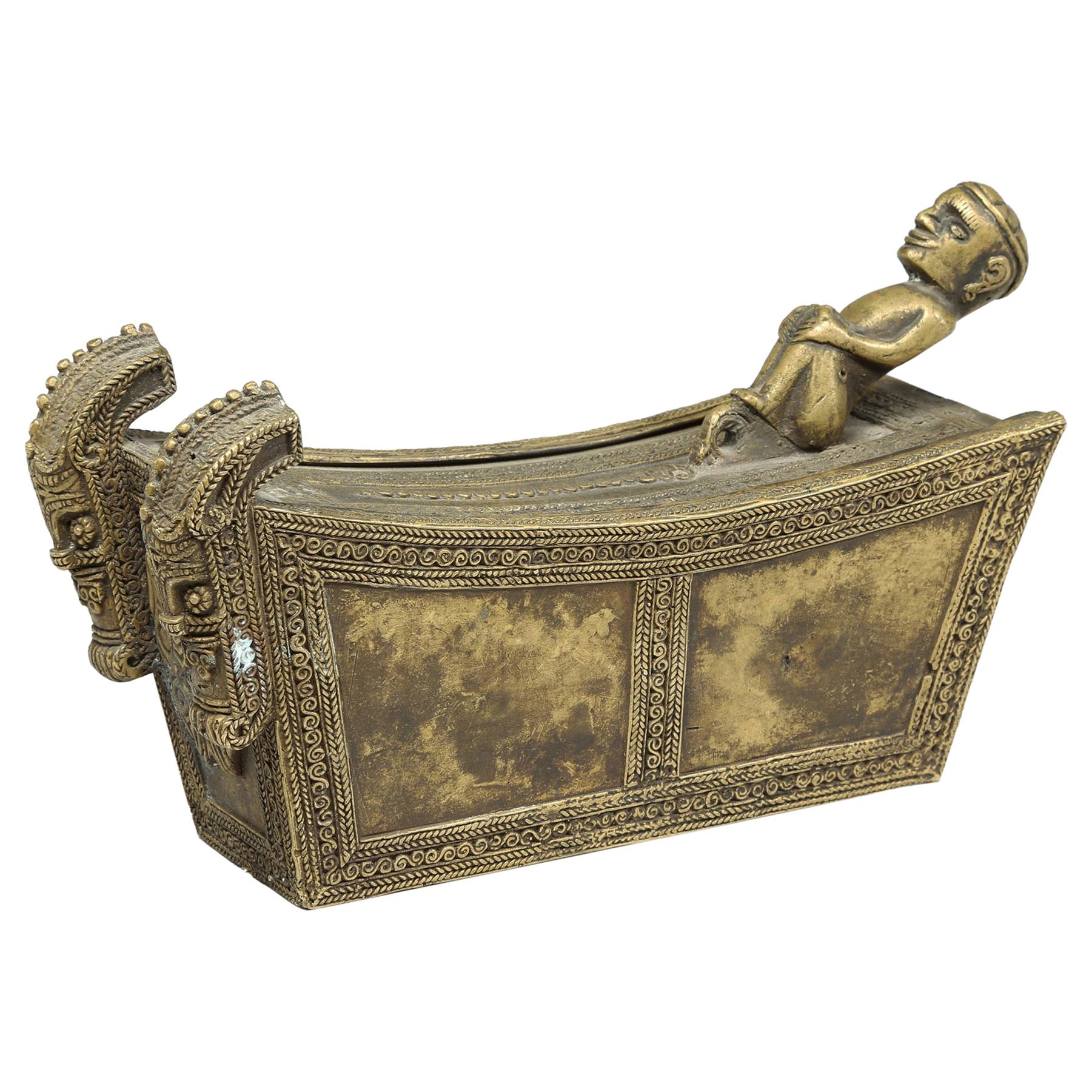 Finely Crafted Small Batak Bronze Box with Full Figure and Singas, Indonesia