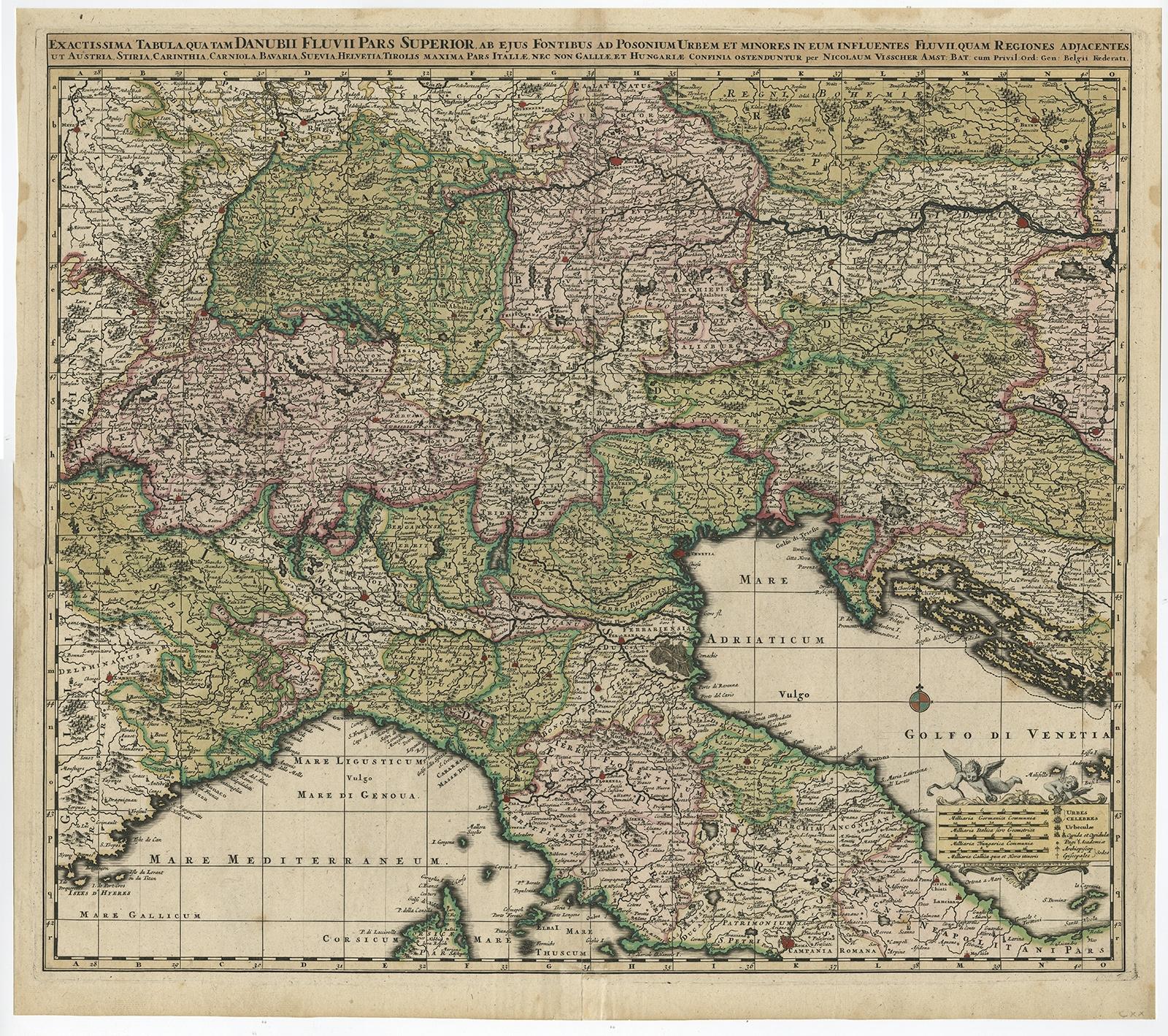 Antique map titled 'Exactissima Tabula, qua tam Danubii Fluvii Pars Superior'. 

Very finely detailed map covering the region of northern Italy, Austria, Slovenia and Croatia. The course of the Danube is prominently shown from its headwaters in