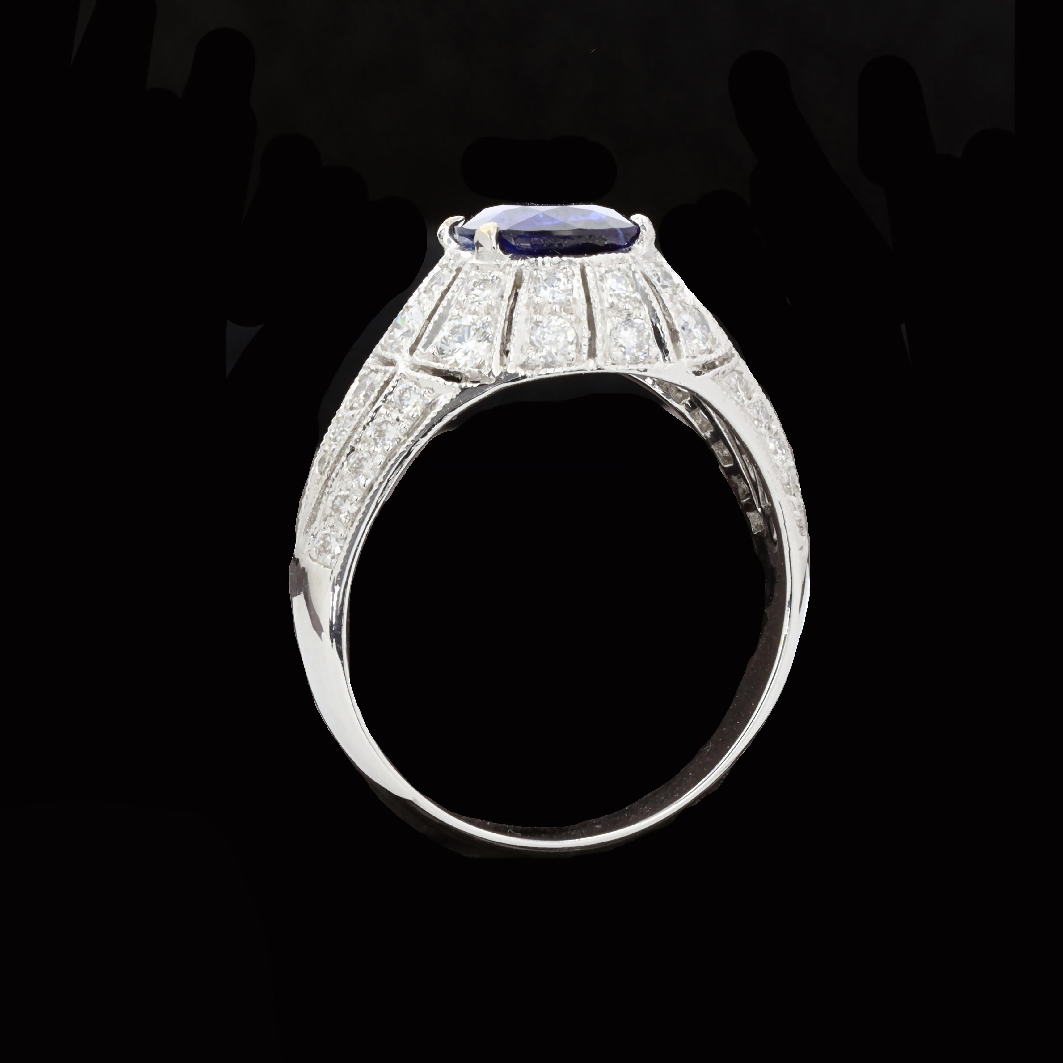 Cushion Cut Finely Detailed Sapphire and Diamond Ring For Sale