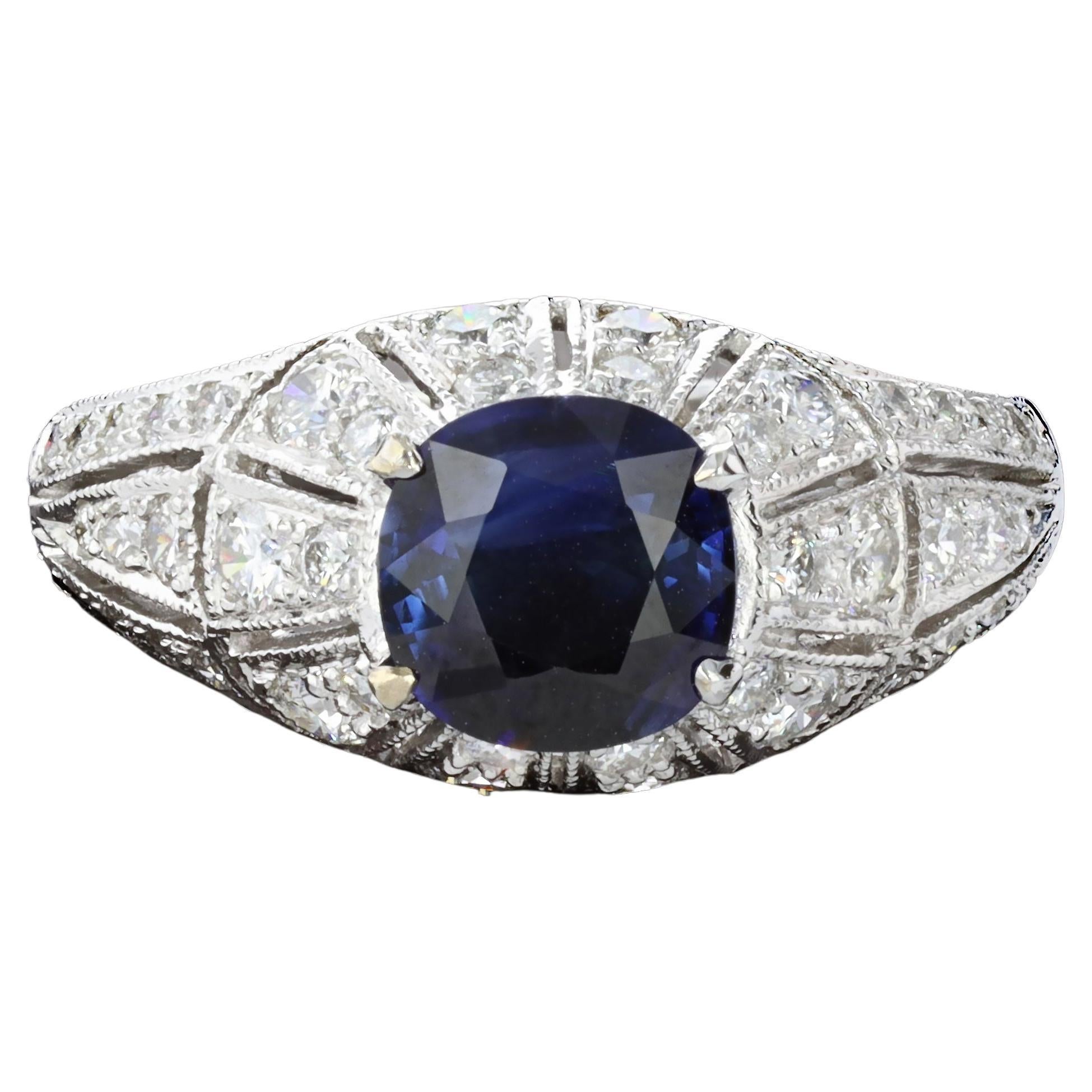 Finely Detailed Sapphire and Diamond Ring For Sale