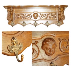 FINELY DUTCH CARVED CHERUB OAK COAT HAT SCARF WALL RACK HANGER ROYAL HOOKs