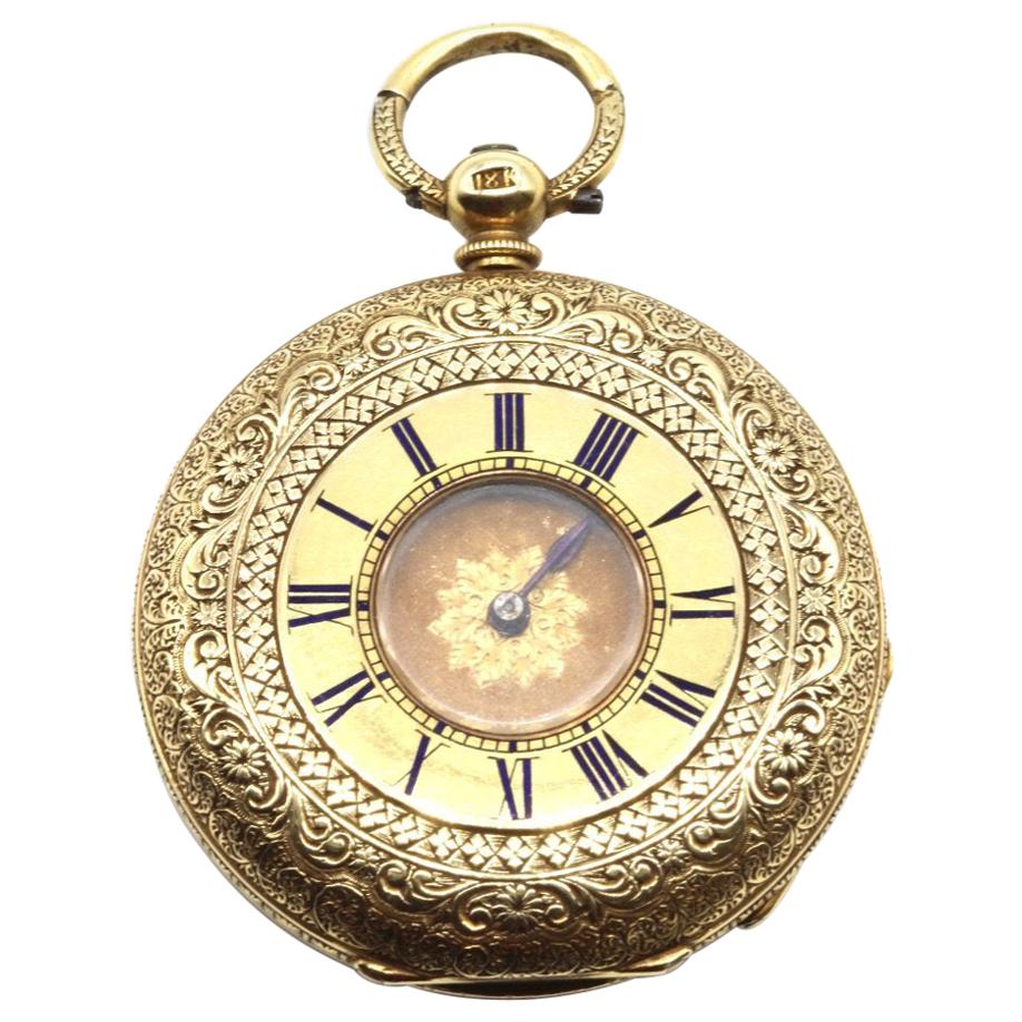 Finely Engraved 18 Kt Yellow Gold Half Hunter Pocket Watch For Sale