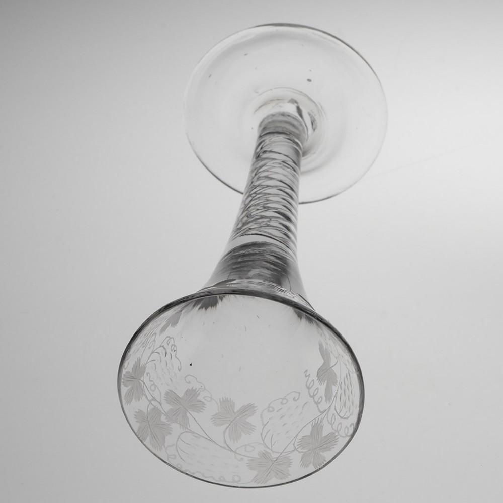 Mid-18th Century Finely Engraved Air Twist Stem Wine Glass c1750 For Sale