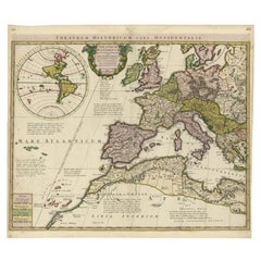 Carte ancienne d'Europe finement gravée avec incrustation d'Amérique, vers 1745
