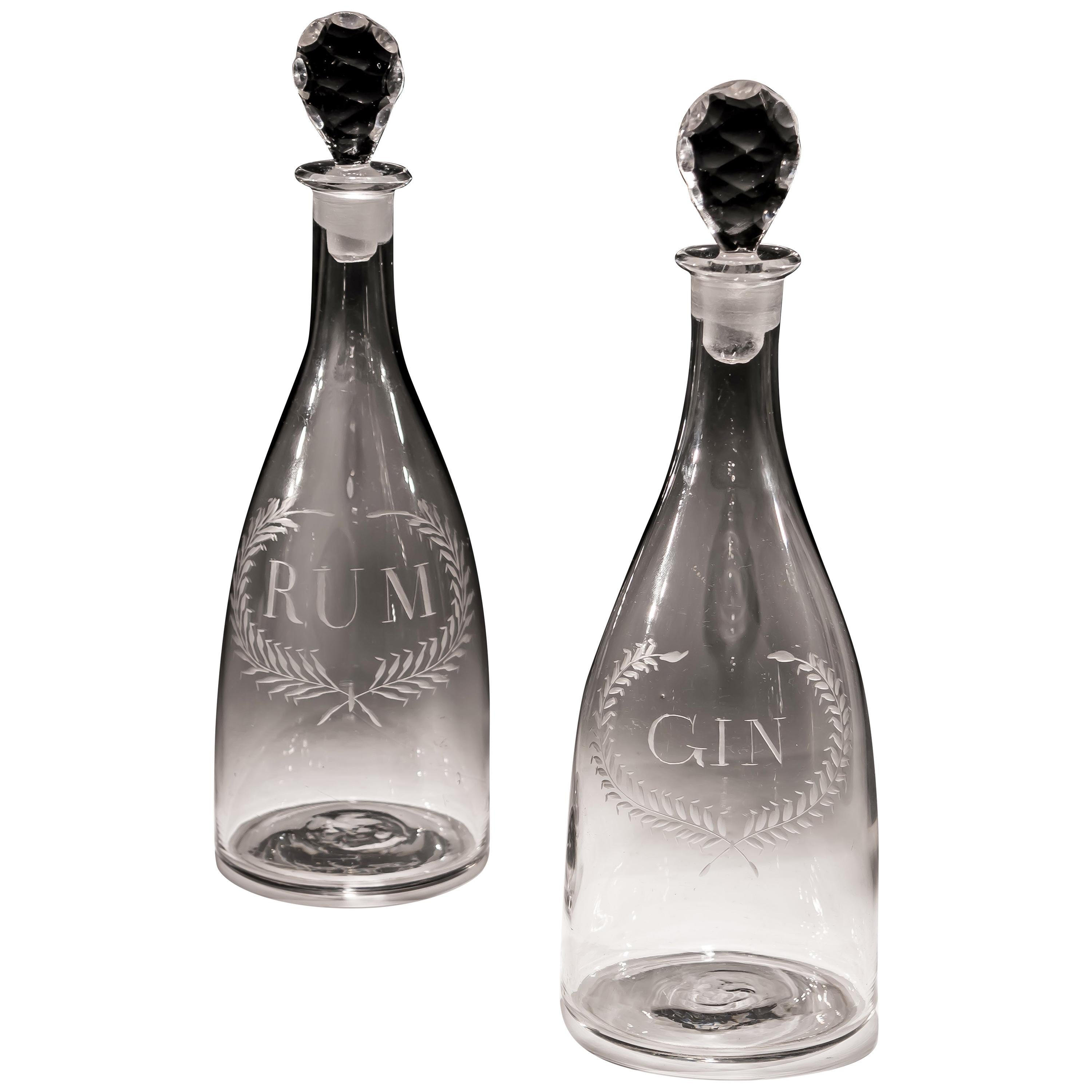 Finely Engraved Pair of Labelled Gin And Rum Tapered Georgian Decanters For Sale