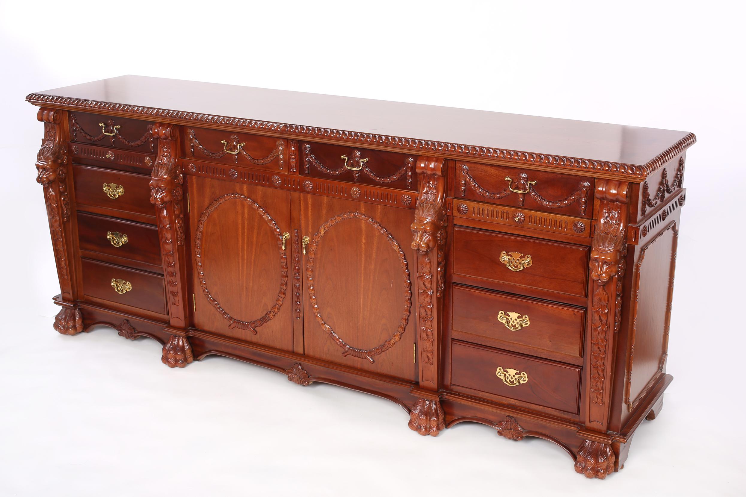 Finely Hand Carved Mahogany Wood Server / Sideboard For Sale 8