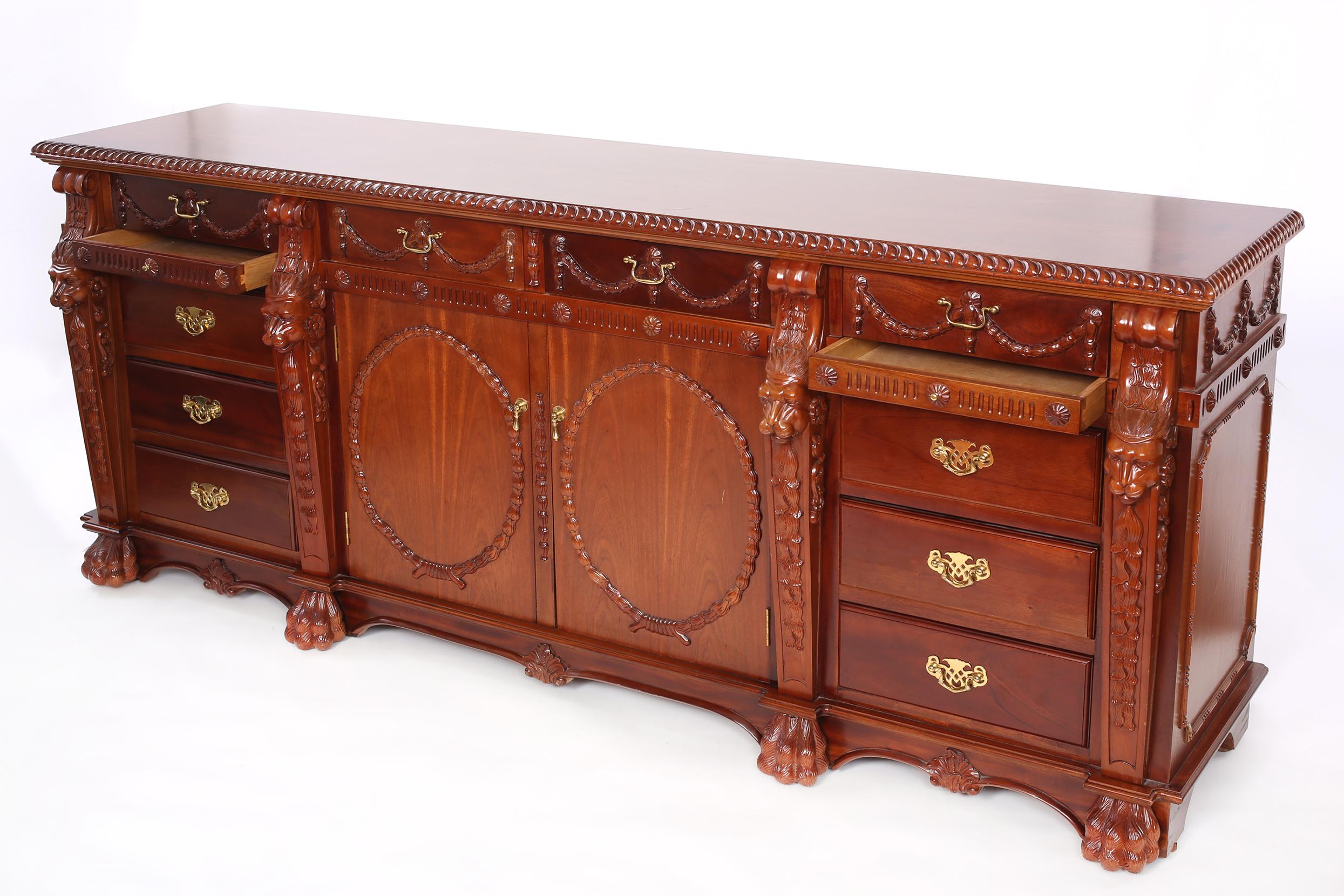 Finely Hand Carved Mahogany Wood Server / Sideboard In Good Condition For Sale In Tarry Town, NY