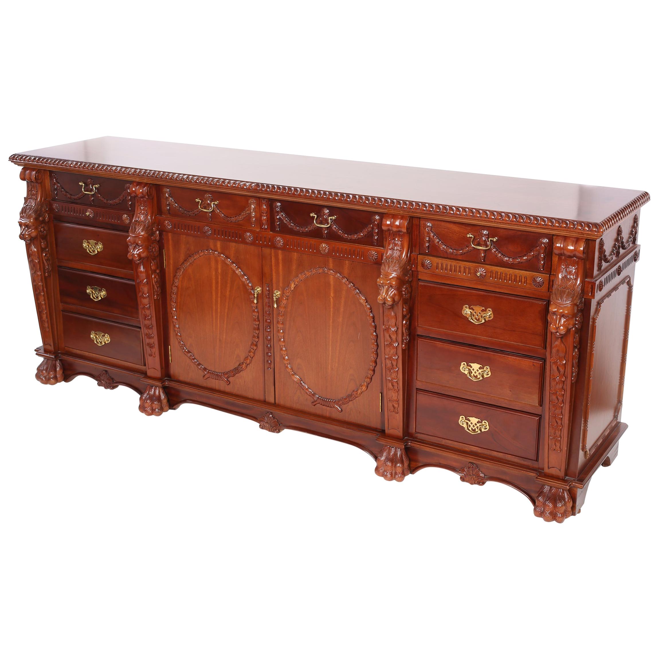 Finely Hand Carved Mahogany Wood Server / Sideboard For Sale