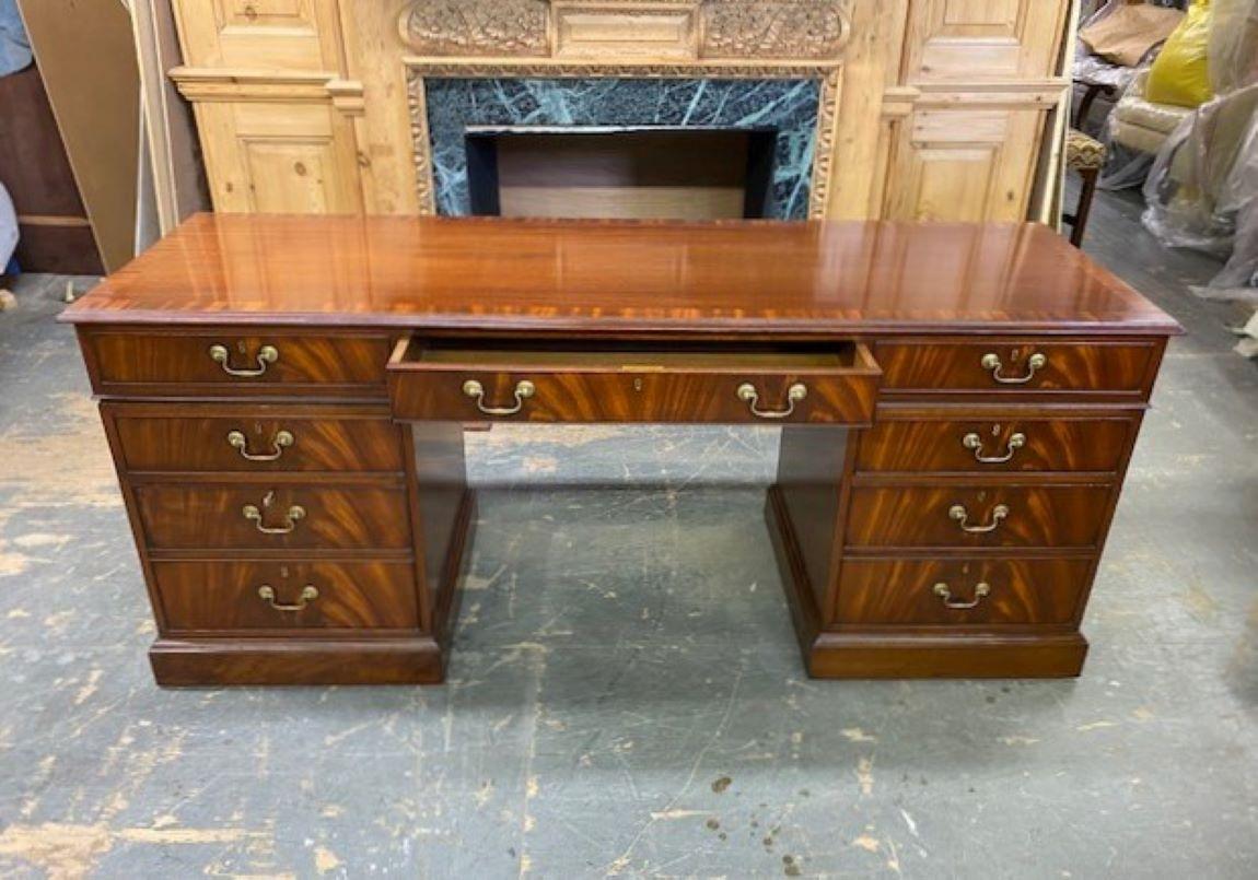Bench-made Georgian style Mahogany kneehole credenza/desk from England. Ideal for an important office or library.

Great attention to detail was given when making this piece...Central kneehole drawer with drop down front, Mahogany top with Mahogany