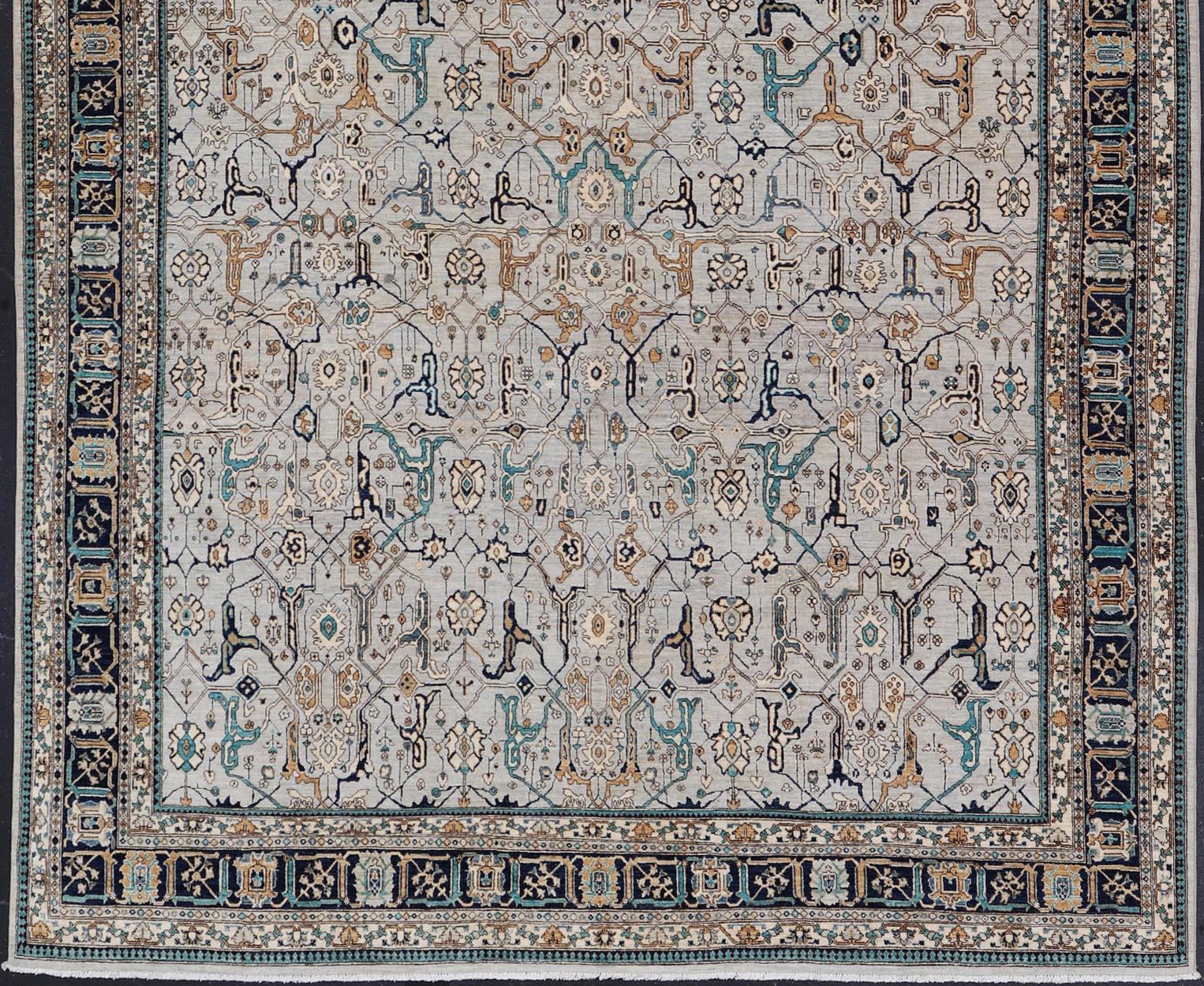 Wool Finely Made Modern Large Bidjar Rug in Gray, Blue, Teal and Light Orange Colors For Sale