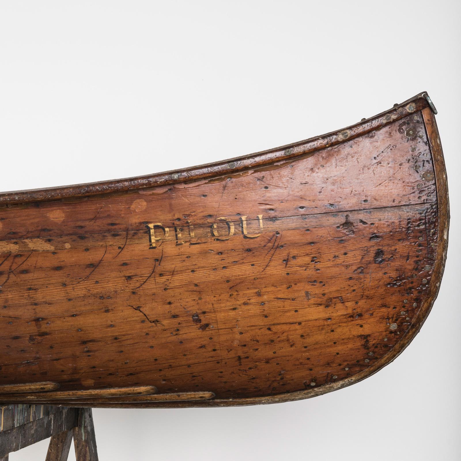 Vintage French wooden (sailing) canoe by Seyler, l’Hirondelle. The name of this boat is Pilou.

Finely made French vintage wooden canoe by Seyler, France. Bearing the decal of the maker. All hand fabricated complete with kayak paddles, and seats.