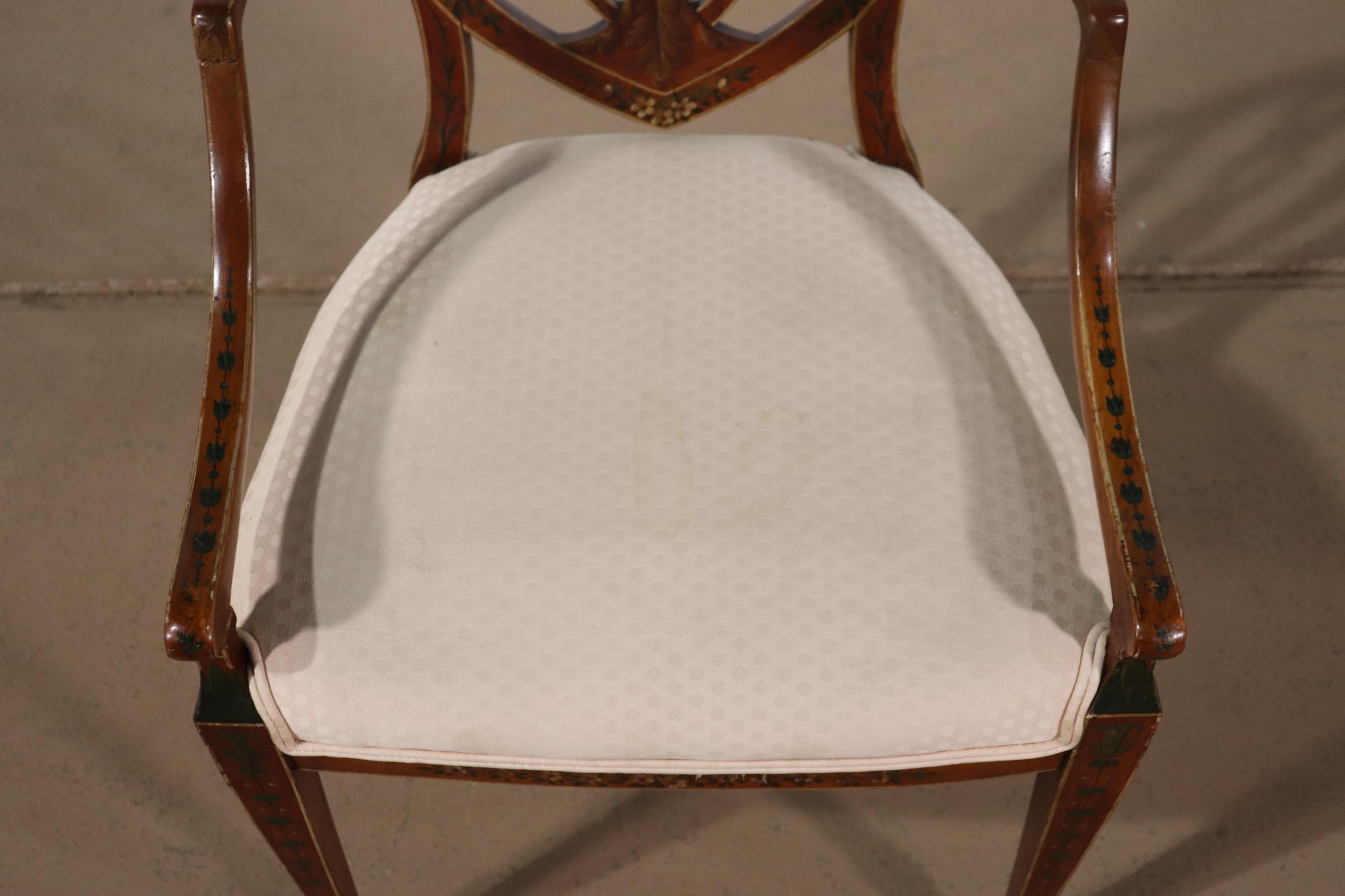 English Finely Paint Decorated Adams Style Shield Back Armchair For Sale