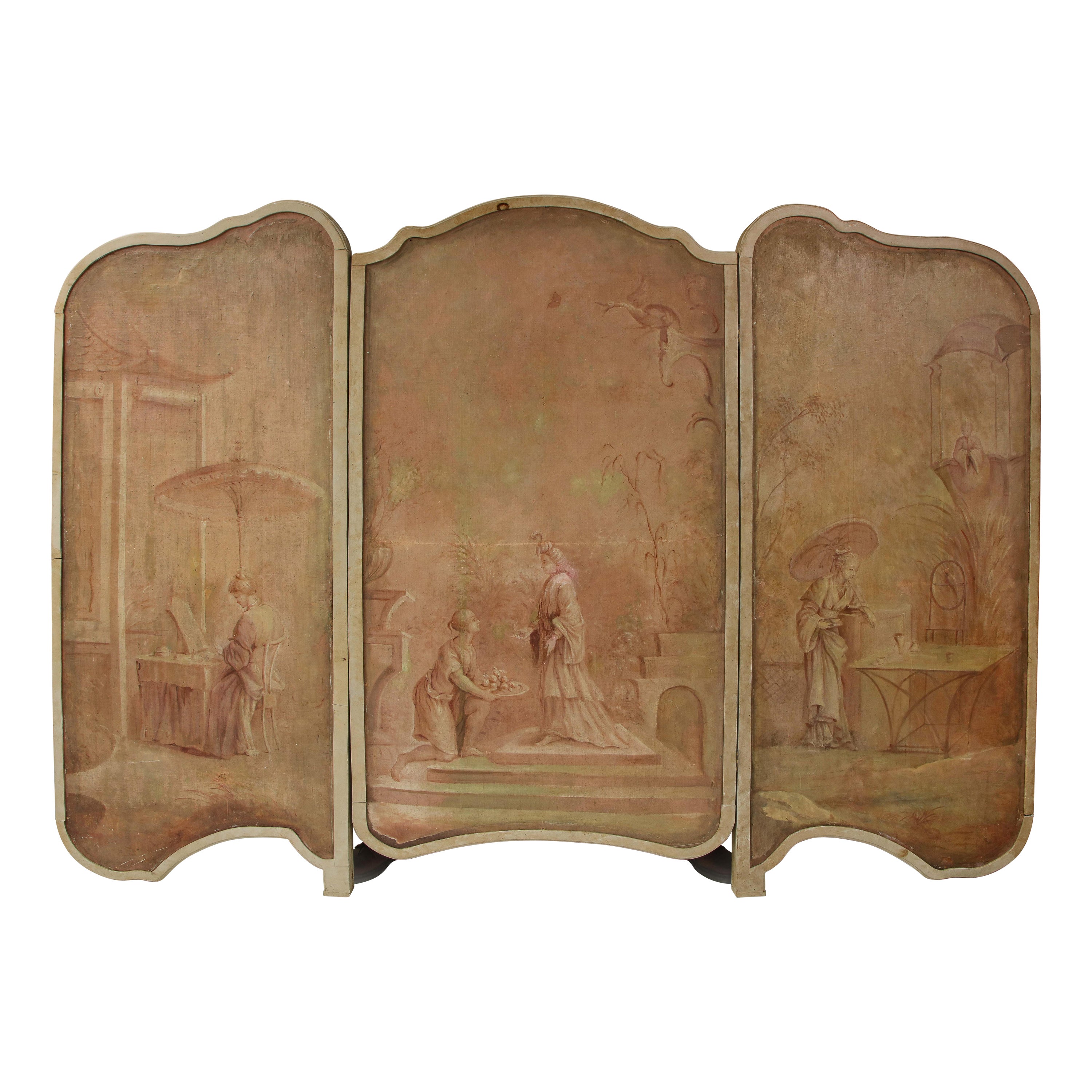 Fein bemalter französischer Chinoiserie-Raumteiler mit drei Paneelen im Angebot