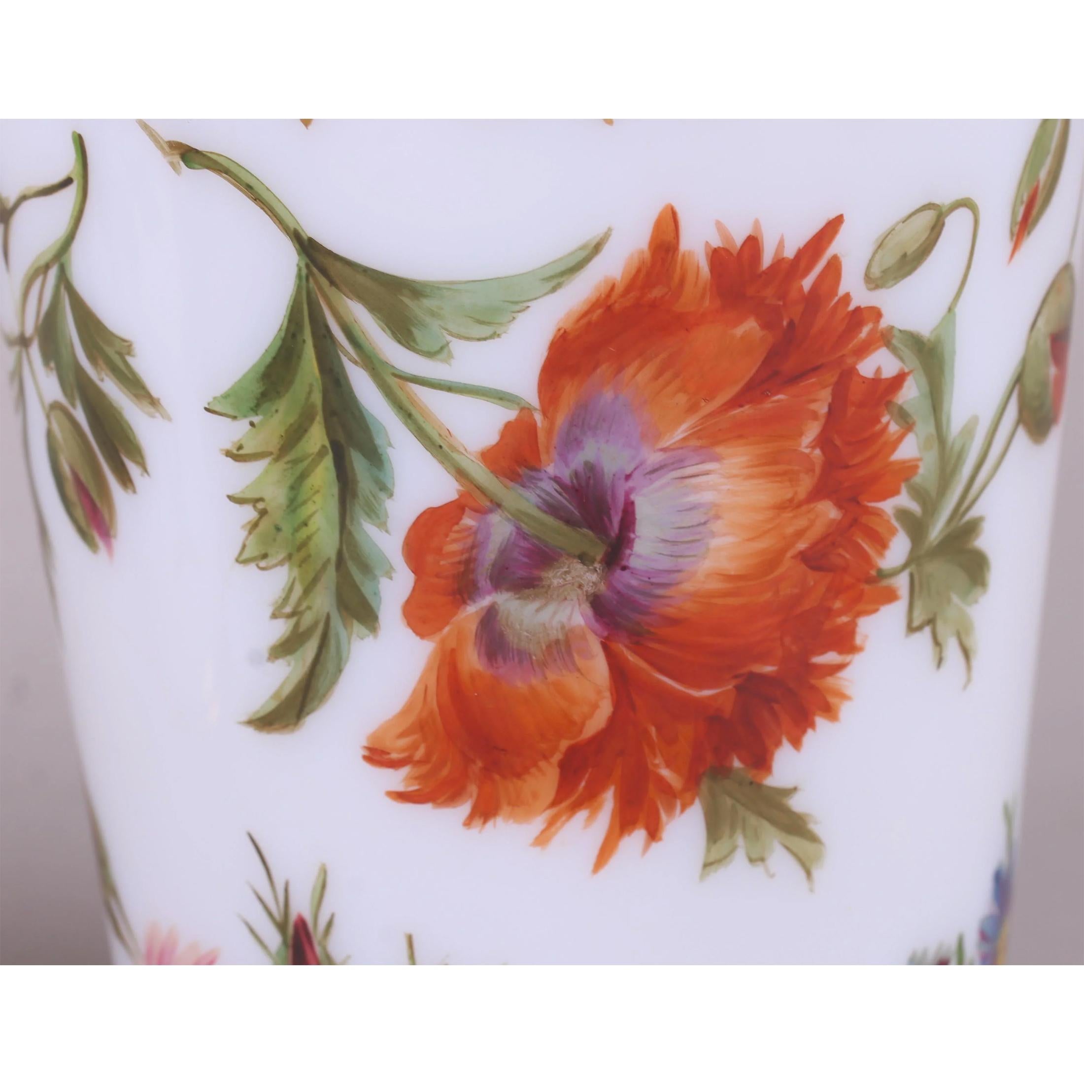 Hand-Painted Finely Painted Pair of French Opaline Glass Vases For Sale
