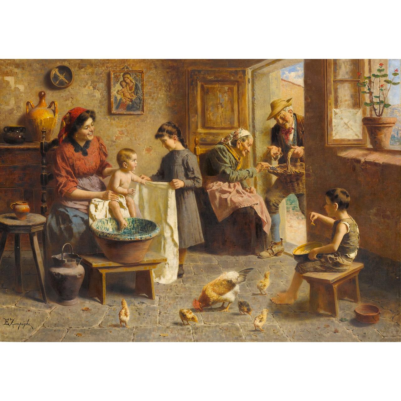 Peinture à l'huile de qualité représentant une famille italienne heureuse, signée 