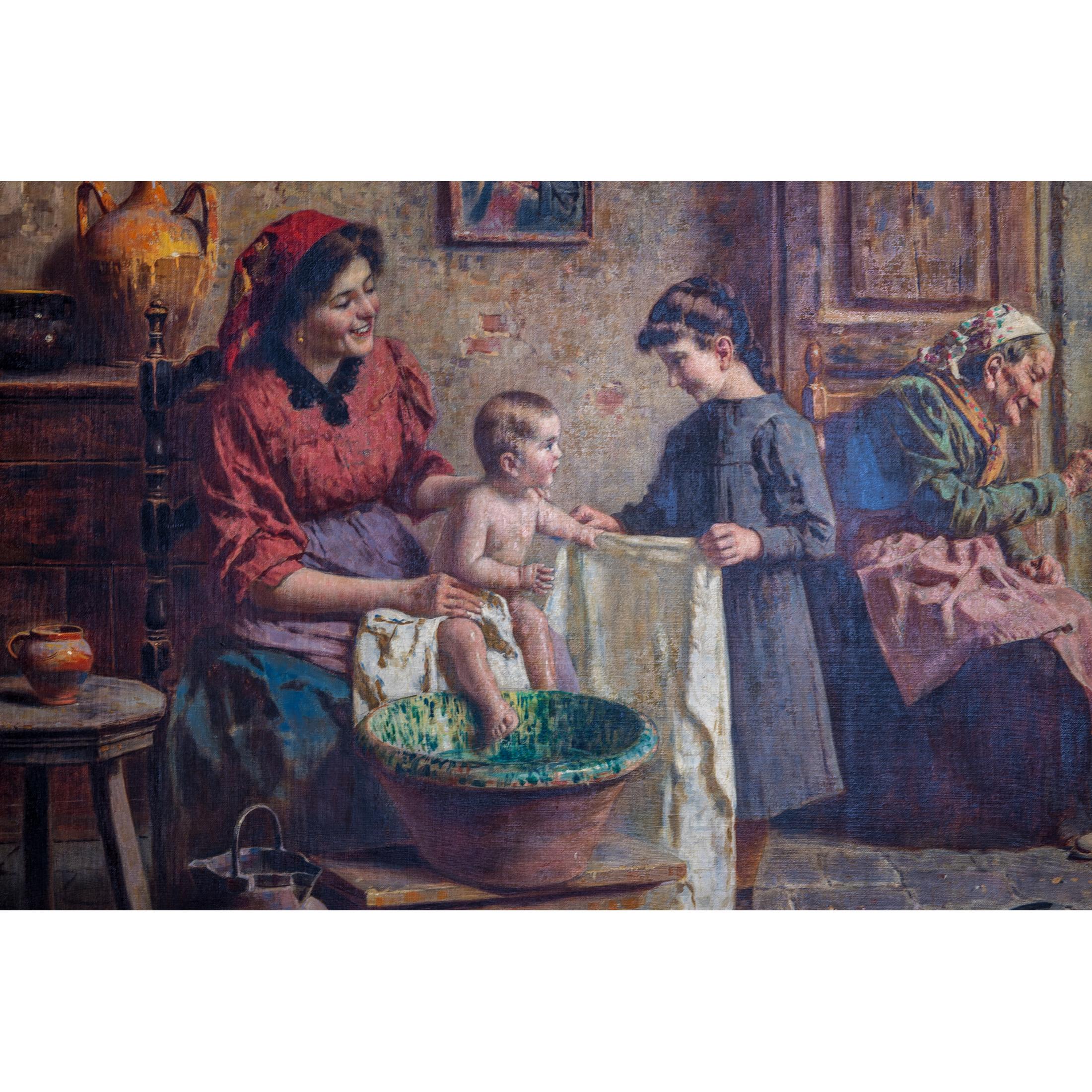 Peinture fine d'une famille italienne heureuse par Zamphigi Bon état - En vente à New York, NY