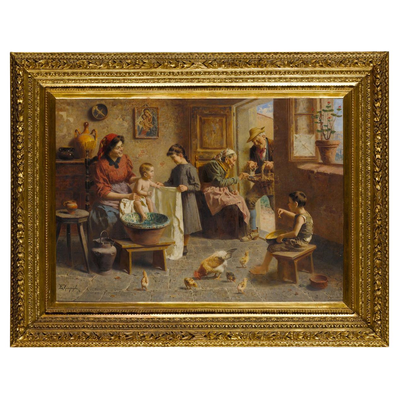 Peinture fine d'une famille italienne heureuse par Zamphigi en vente