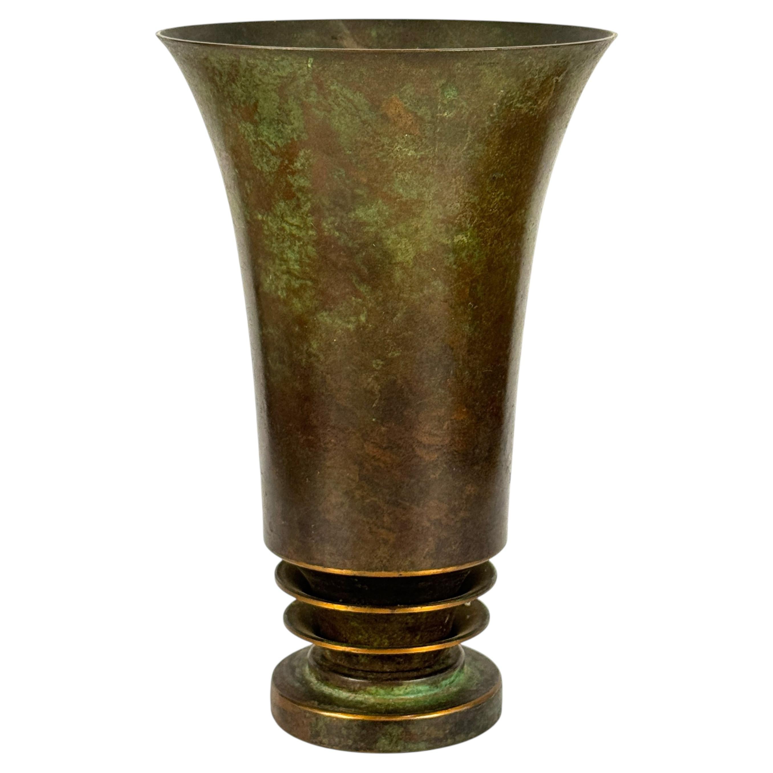 Finely Patinated Bronze Art Deco Vase, Trumpet Form, Antique, Signed For Sale