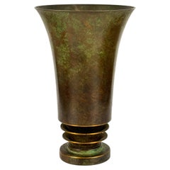 Finely Patinated Bronze Art Deco Vase, Trumpet Form, Antique, Signed
