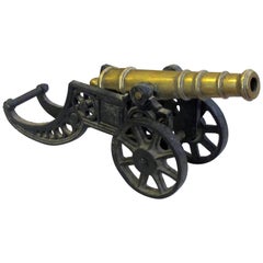 Antique Finely Rendered English Victorian Brass Ornamental Cannon on Cast Iron Carriage