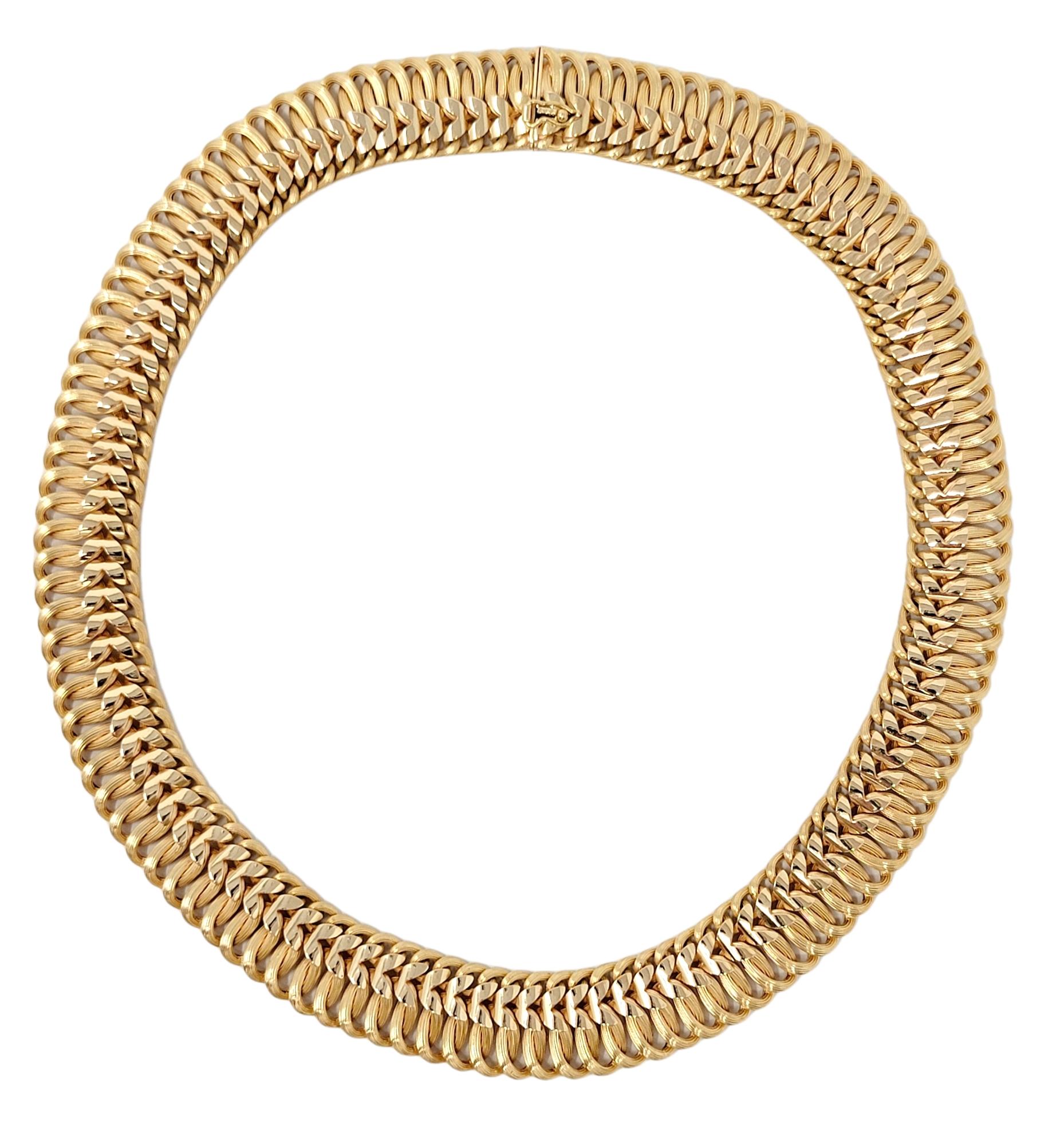 Modern and elegant 18 karat yellow gold woven link necklace. This versatile piece can be dressed up or down and worn with just about everything. The flexible design gently hugs the neck, while the subtle textural contrast of the metal gives this