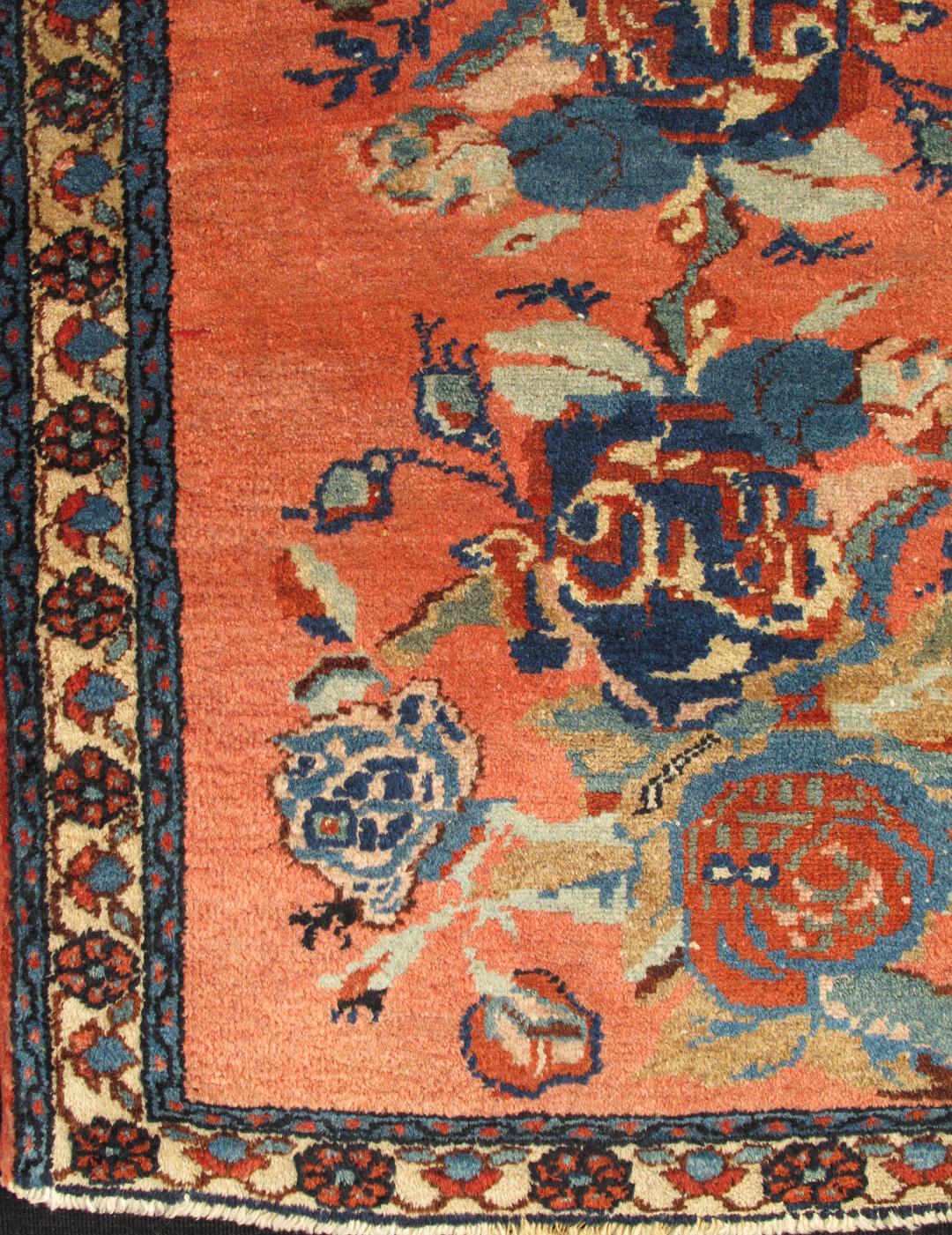 With bouquets of colorful flowers in multi-colors rug/E-0912 origin/Iran.

Inspired by antique Caucasian Karabagh, this handwoven rug features a large bouquet of flowers in the central field. The bouquets are brought to life on a faint red