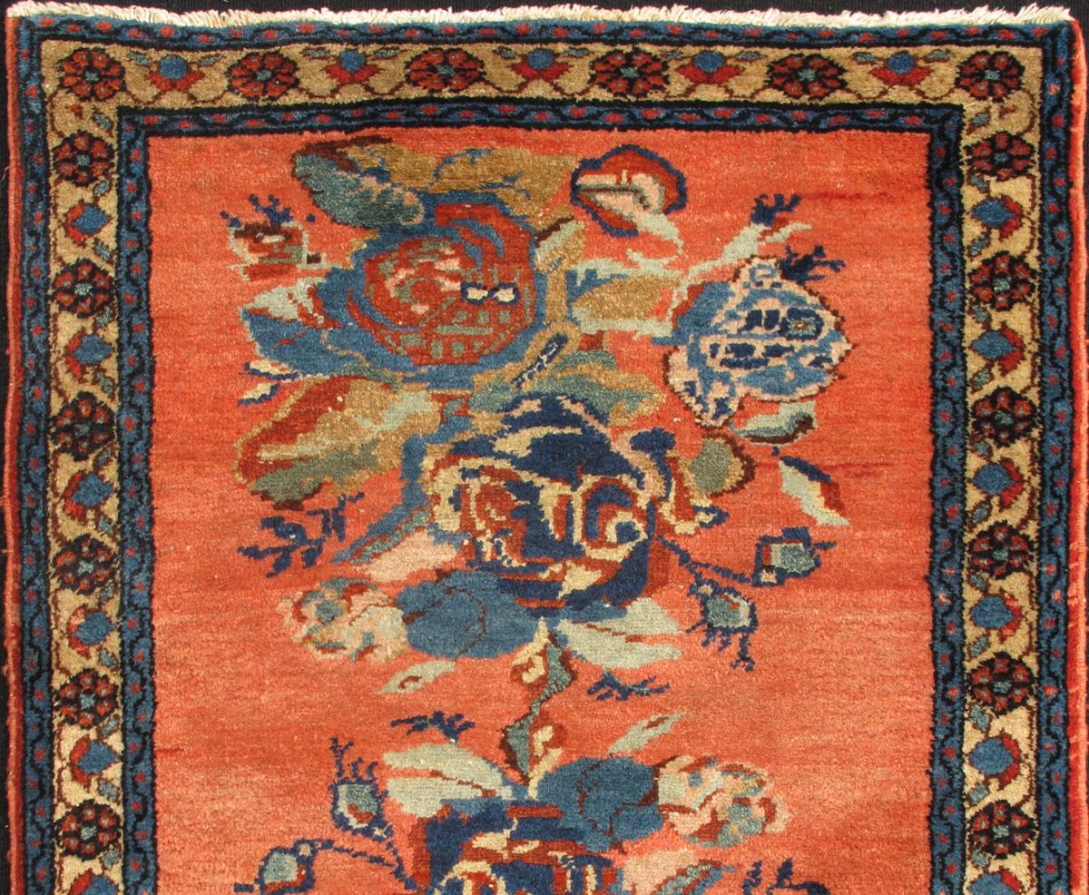 Persian Finely Woven Antique Bakhtiar Small Carpet with Bouquets of Flowers and Salmon For Sale