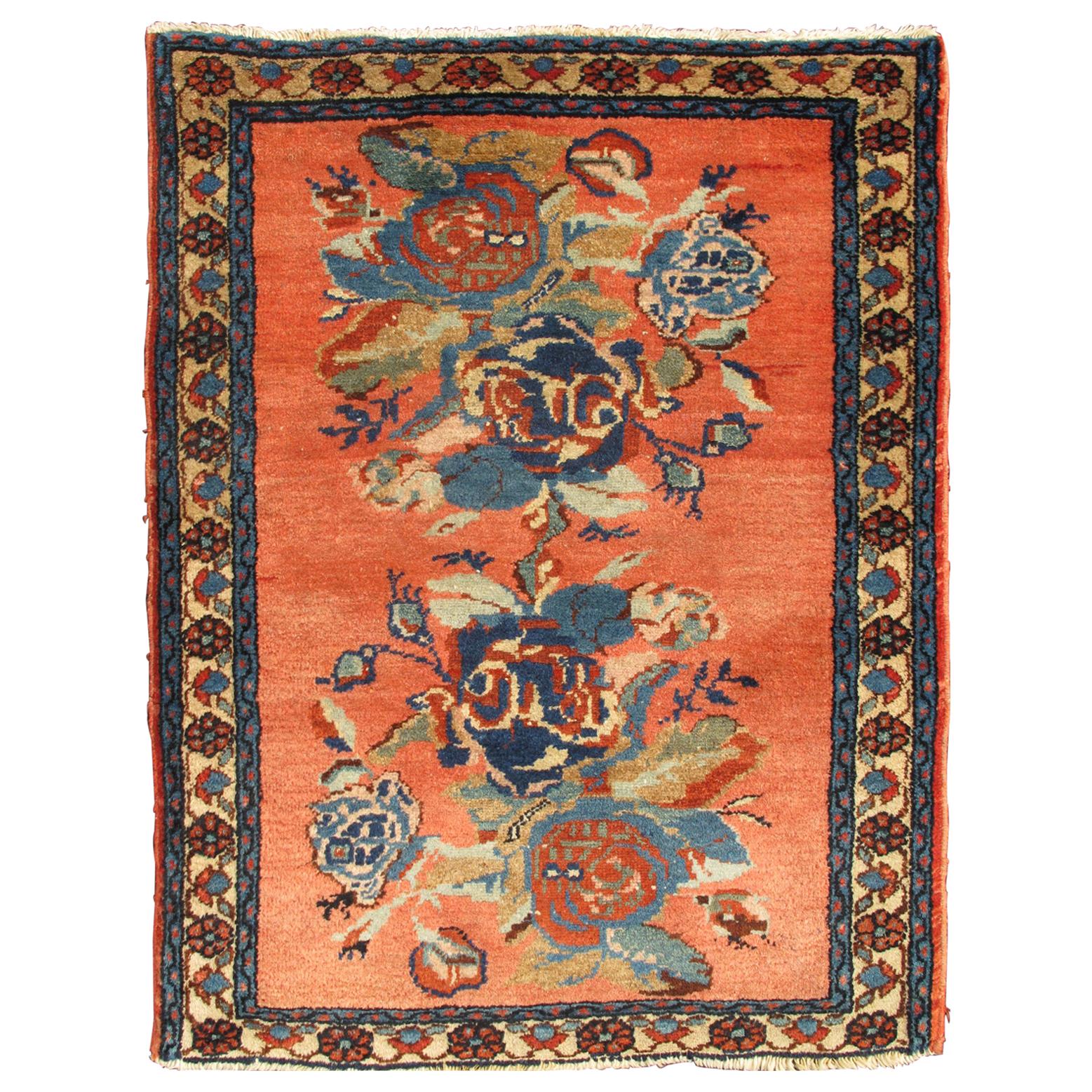 Finely Woven Antique Bakhtiar Small Carpet with Bouquets of Flowers and Salmon For Sale