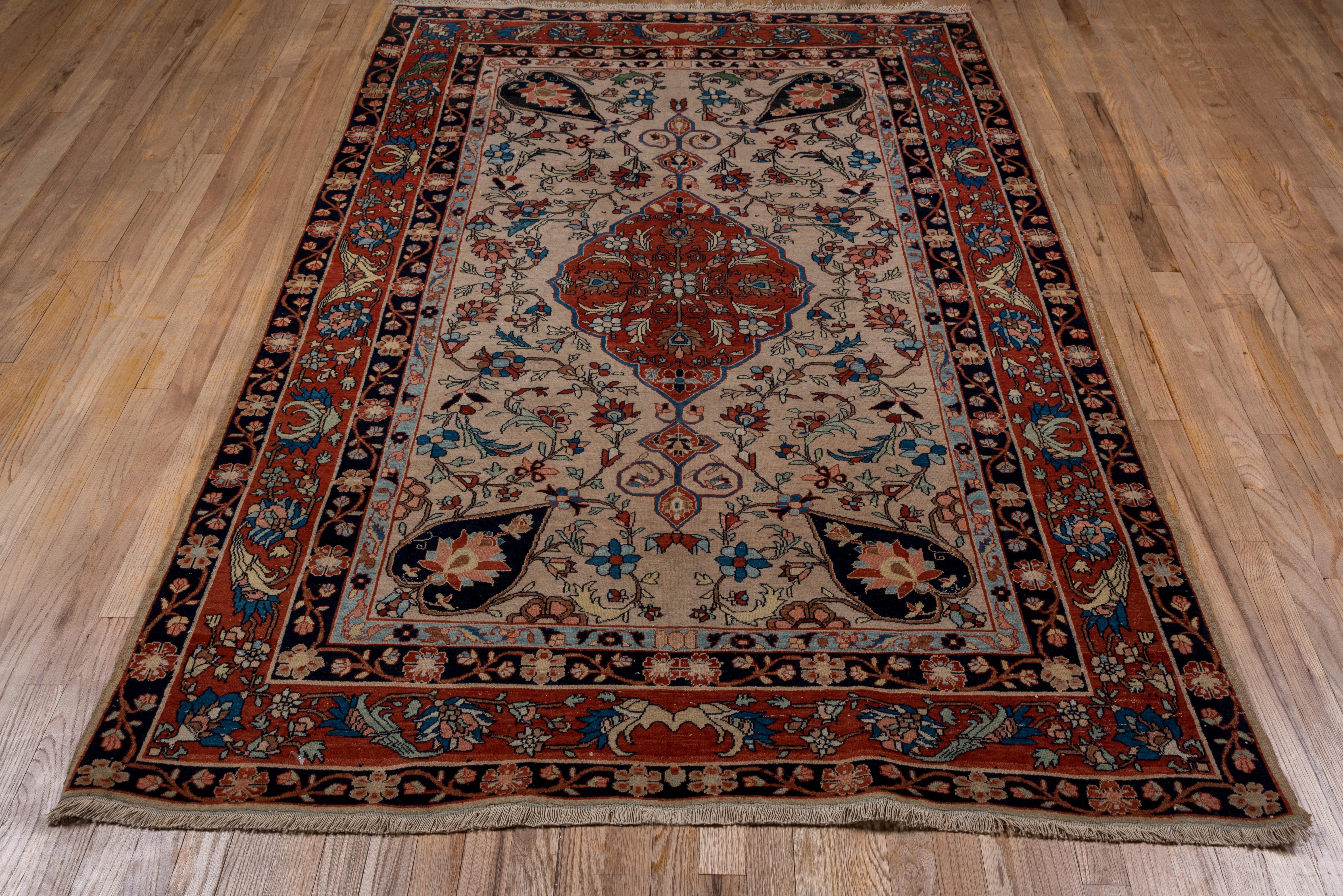 Sarouk Farahan Finely Woven Antique Farahan Sarouk Rug, Ivory Field, Red Borders, circa 1900s For Sale