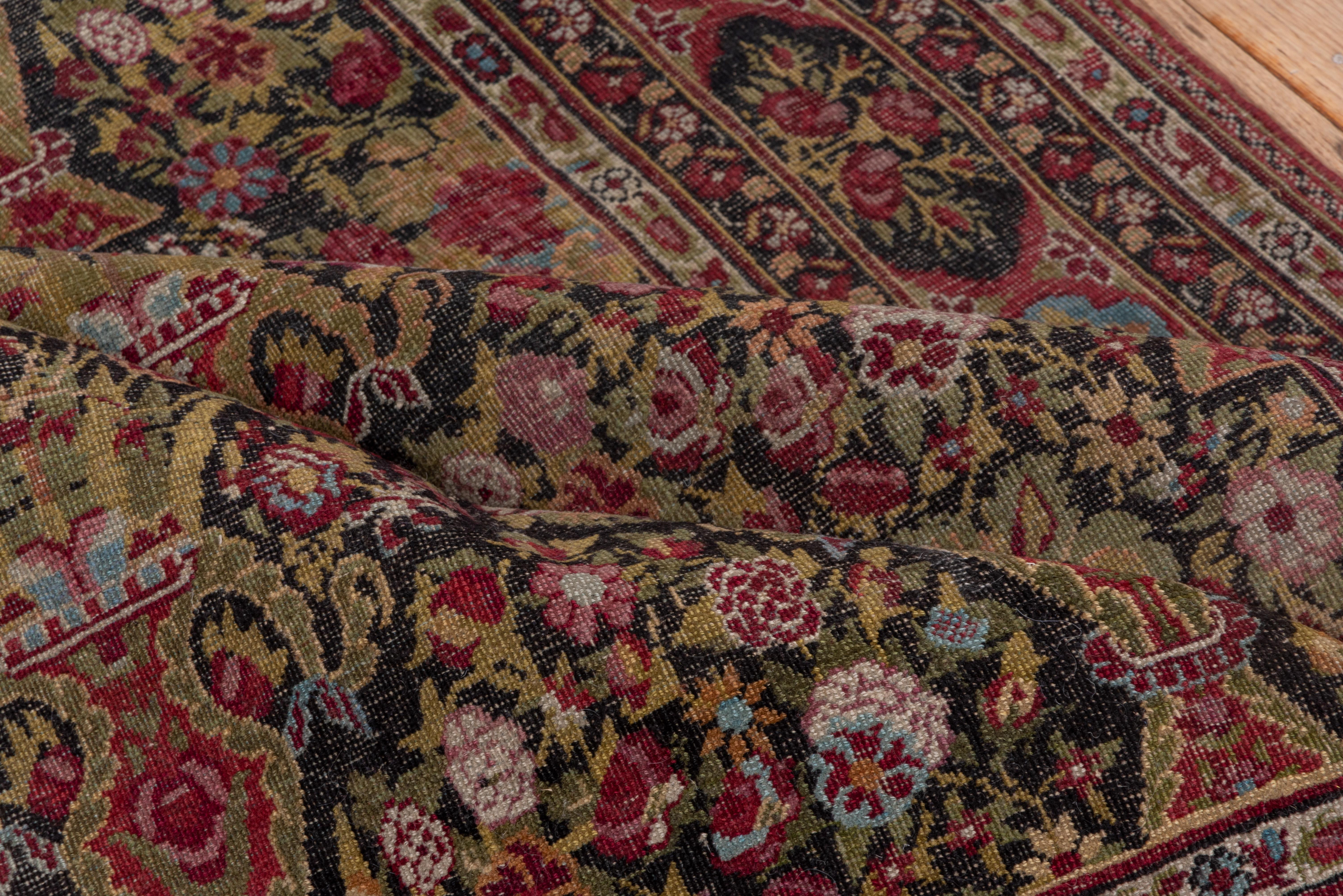 Finely Woven Antique Indian Agra Rug, Vase Design Field, Wine & Chartreuse Tones In Good Condition For Sale In New York, NY