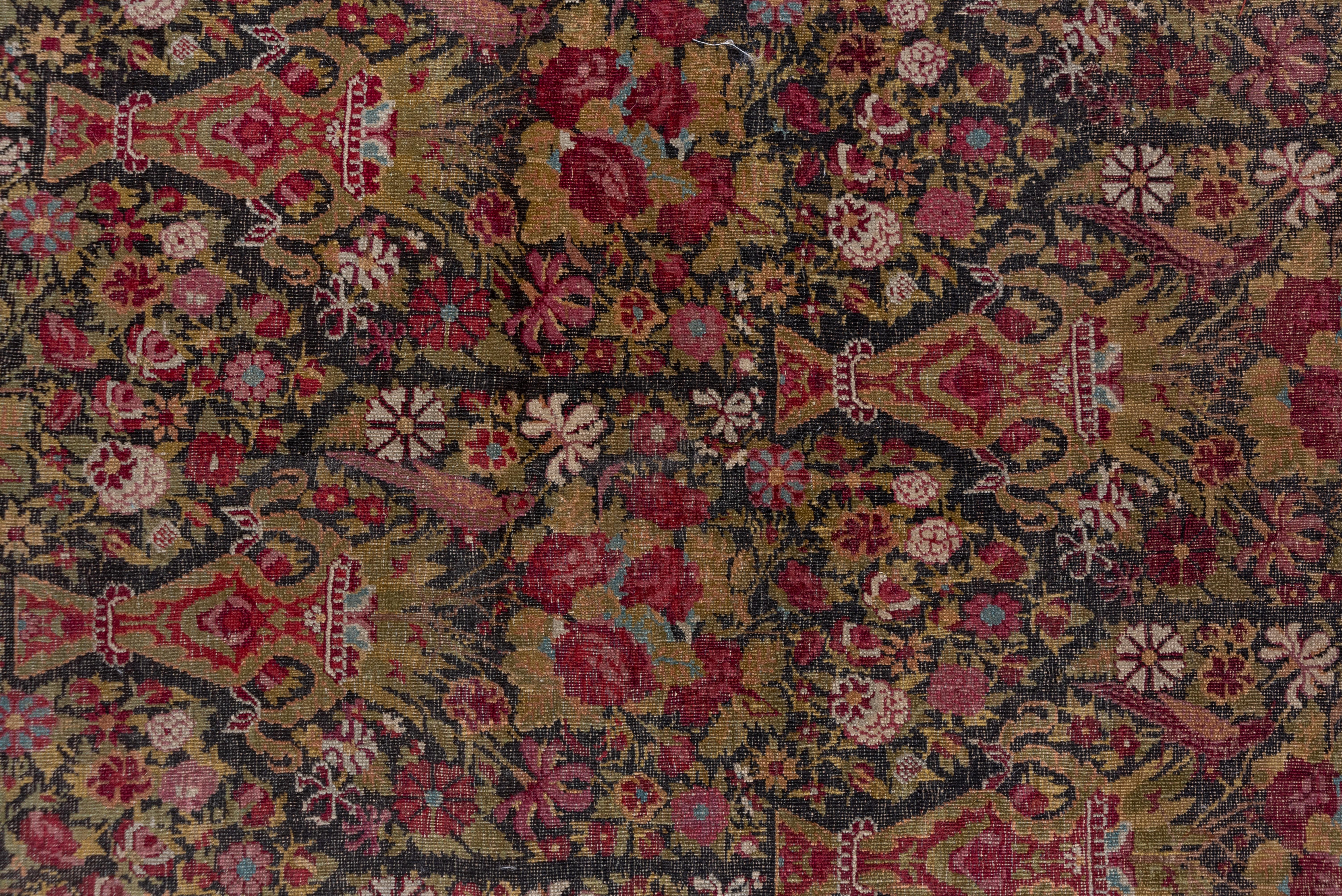 Wool Finely Woven Antique Indian Agra Rug, Vase Design Field, Wine & Chartreuse Tones For Sale