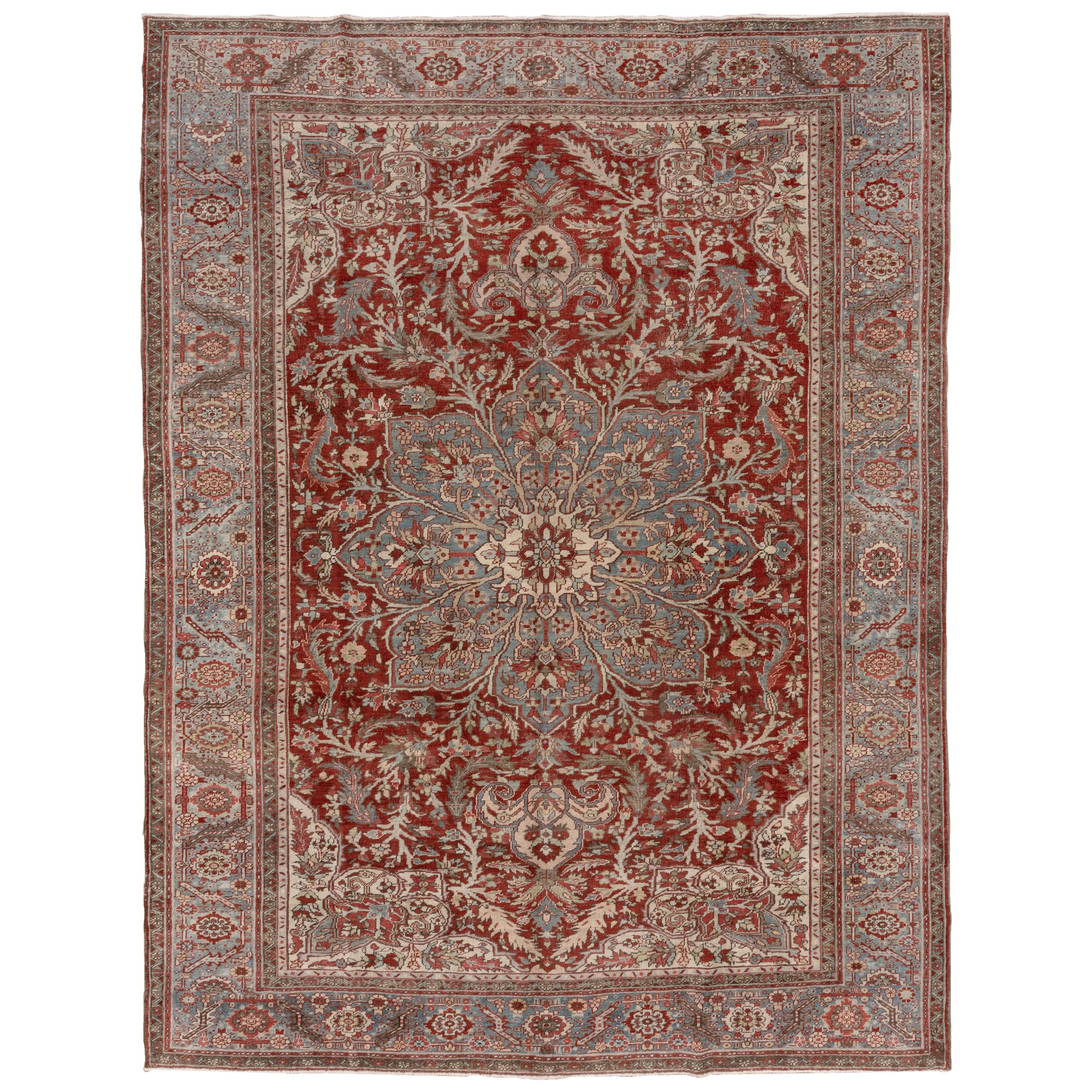 Finely Woven Antique Persian Heriz Rug, Red Outer Field Large, Unique Medallion For Sale