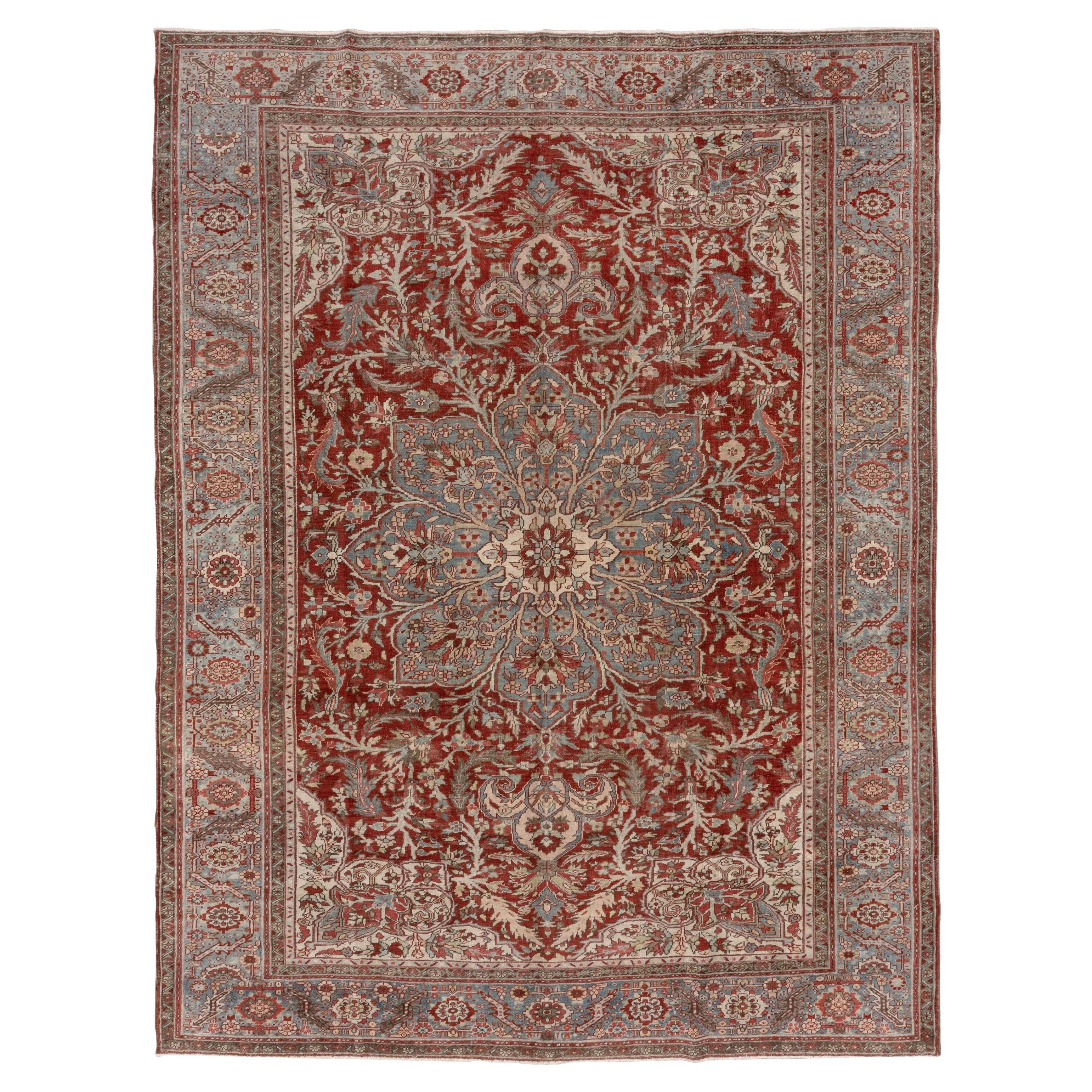 Finely Woven Antique Persian Heriz Rug, Red Outer Field Large, Unique Medallion For Sale
